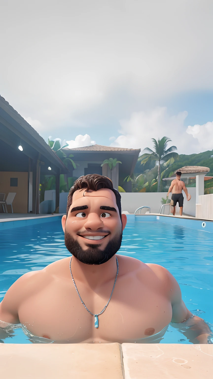 There is a man who is standing in a pool with a necklace on, paradise in the background, em uma piscina, vacation photo, sentado na piscina, david rios ferreira, caio santos, Fotografia selfie 8k, foto de baixa qualidade, 3 2 anos, ao lado de uma piscina, (38 anos), Homem de 4 0 anos