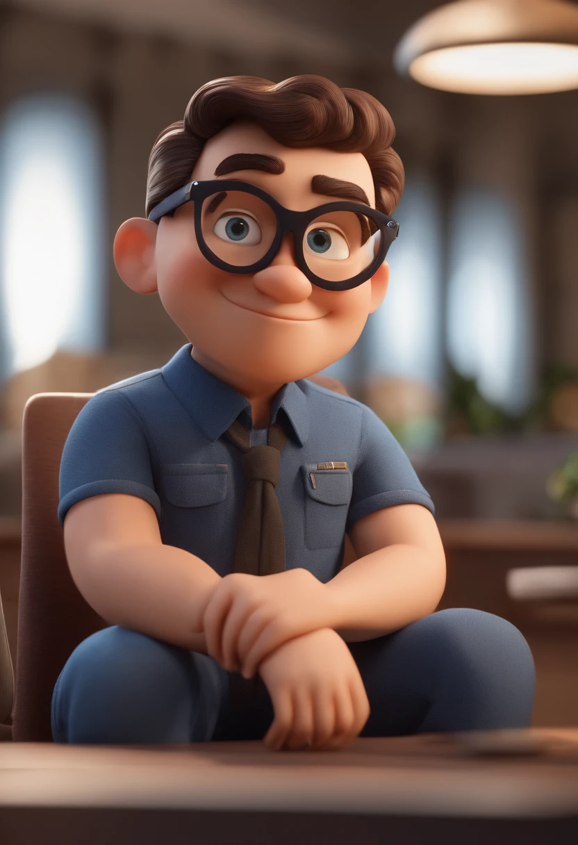 Cartoon character of a man wearing black glasses and a blue shirt, um personagem animado, Caractere estilizado, animation style rendering, 3D estilizado, Arnold Maya render, 3 d render stylized, toon render keyshot, Personagem 3D, Personagem 3D, 3d rendering stylized, 3 d character render, personagem de desenho animado, Personagem de close up, Pose de personagem, (Estilo Pixar) (master part:1.2) (Bokeh) (best quality) (pele detalhada) (textura detalhada) (8k) (argila) (Cinematic lighting) (foco nítido，Senta e vaza a parte superior do corpo