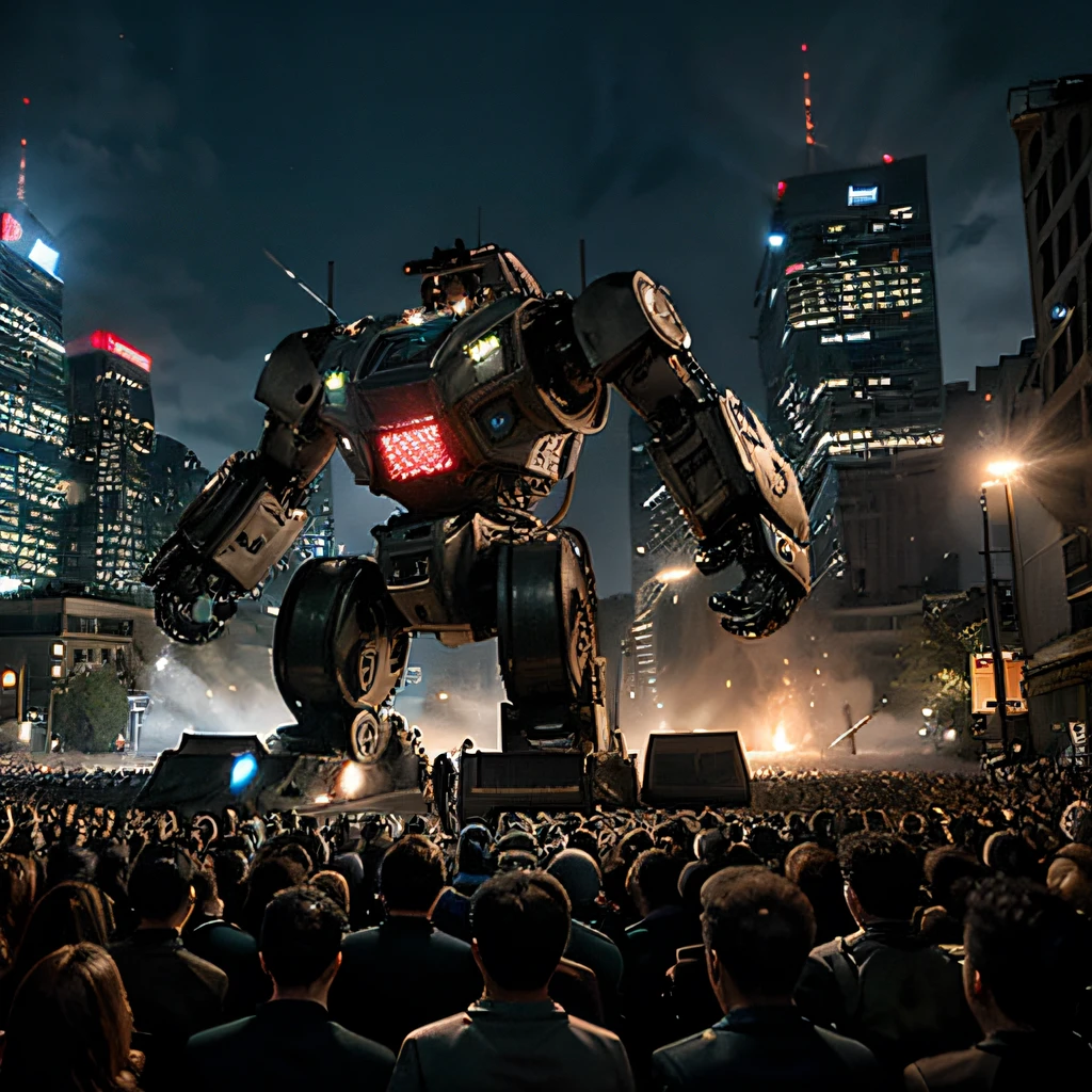 The image features a large group of people gathered in front of a massive robot or mechanical monster. The crowd is standing on a stage, with some individuals closer to the front and others further back. The people appear to be facing the robot, possibly in awe or preparing for a confrontation. The scene is set in a city, with a few buildings visible in the background. The overall atmosphere suggests a sense of anticipation or excitement as the people gather around the enormous robot.