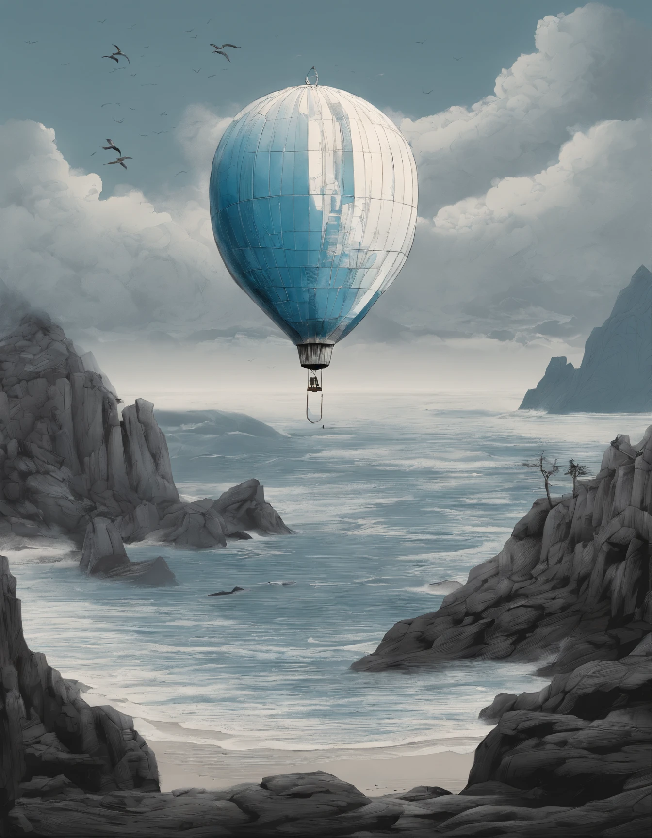 (Two cranes fly from a hot air balloon made of blue and white porcelain vase), (Blue and white porcelain vase:1.37),Blue pattern,This type of hot air balloon is not like modern hot air balloons,It doesn't have bright colors,There is no modern design,But it has a strong quaint vibe,Peony flower,Crane, (Two cranes flutter in the morning breeze:1.37),The gaze is deep and warm,Silent Mountain,Twinkle in the morning light,
azure sea, White waves crash against the rocks,, beautiful sky ,Photography,Clear facial features, Ice sculpture art style,3D rendering of character concept art,A beautiful painting by Stephen Shore,Ukiyo-e art,Pixar style,The work of Furuhiko,Masterpiece,Encaustic painting,Egg garnish,Matte painting,Modern art,spray ,land art,Smoke art,carved wood,decorations,Beads and rope,Image courtesy of Ingmar Bergman(Ingmar Bergman)of works,(Antoni Gaudí),author:Rem Koolhaas,Oscar Niemeyer(Oscar Niemeyer),author:Renzo Piano placeholder image,author:Alessio Albi, author:David Berdan,author:Chris Burcard,author:Ray Collins,Dreamy atmosphere,An atmosphere of happiness,Romantic atmosphere,Depth of field (degrees of freedom),boobs shot(mcu),Bottom view,Beautiful lighting, --Original style