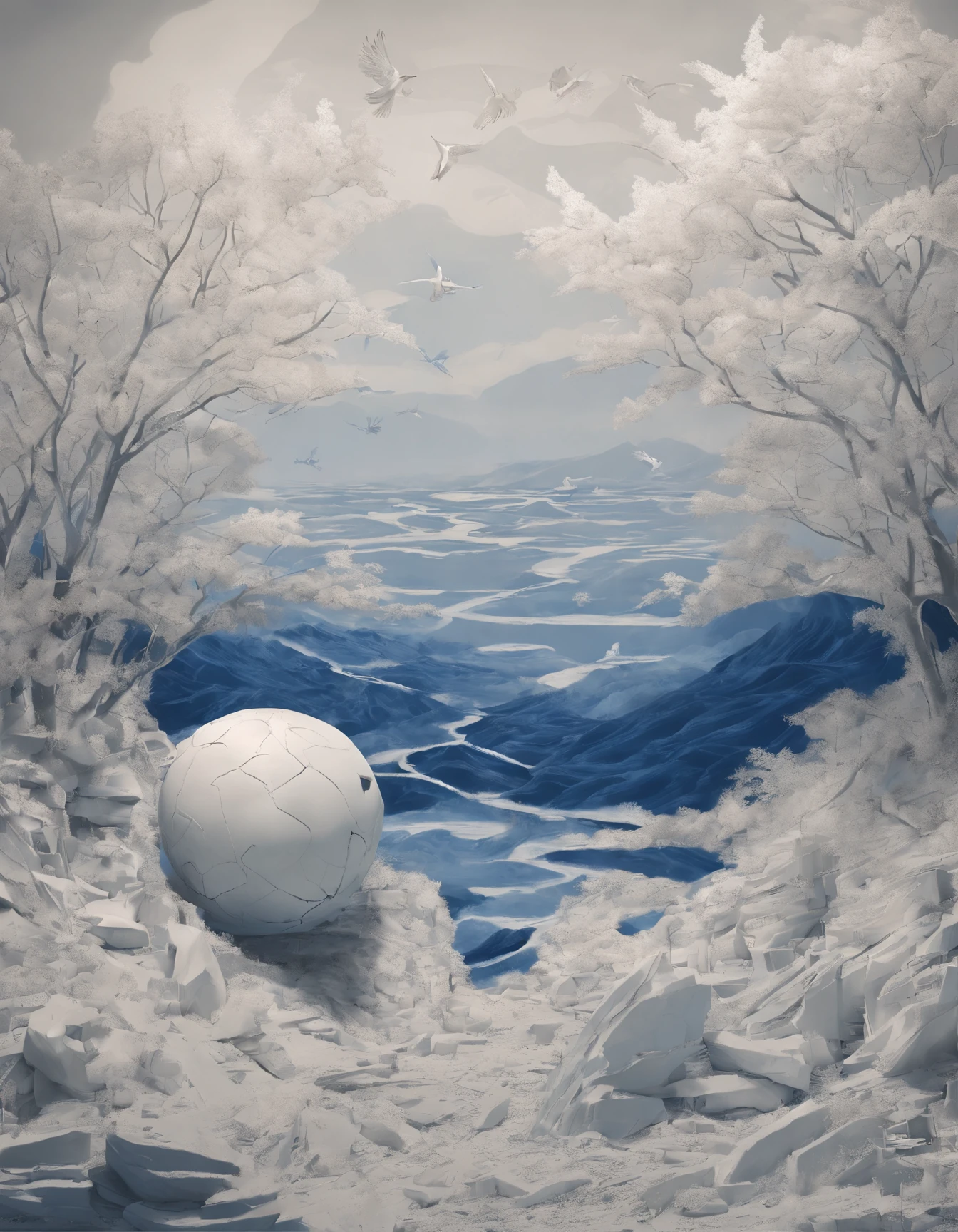 (Two cranes fly from a hot air balloon made of blue and white porcelain vase), (Blue and white porcelain vase:1.37),Blue pattern,This type of hot air balloon is not like modern hot air balloons,It doesn't have bright colors,There is no modern design,But it has a strong quaint vibe,Peony flower,Crane, (Two cranes flutter in the morning breeze:1.37),The gaze is deep and warm,Silent Mountain,Twinkle in the morning light,
azure sea, White waves crash against the rocks,, beautiful sky ,Photography,Clear facial features, Ice sculpture art style,3D rendering of character concept art,A beautiful painting by Stephen Shore,Ukiyo-e art,Pixar style,The work of Furuhiko,Masterpiece,Encaustic painting,Egg garnish,Matte painting,Modern art,spray ,land art,Smoke art,carved wood,decorations,Beads and rope,Image courtesy of Ingmar Bergman(Ingmar Bergman)of works,(Antoni Gaudí),author:Rem Koolhaas,Oscar Niemeyer(Oscar Niemeyer),author:Renzo Piano placeholder image,author:Alessio Albi, author:David Berdan,author:Chris Burcard,author:Ray Collins,Dreamy atmosphere,An atmosphere of happiness,Romantic atmosphere,Depth of field (degrees of freedom),boobs shot(mcu),Bottom view,Beautiful lighting, --Original style