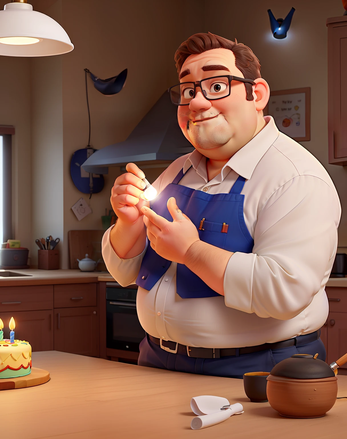 A white fat man with eyes glasses man standing in front, illuminated by the light of a lamp, against the backdrop of a kitchen he is decorating a birthday cake