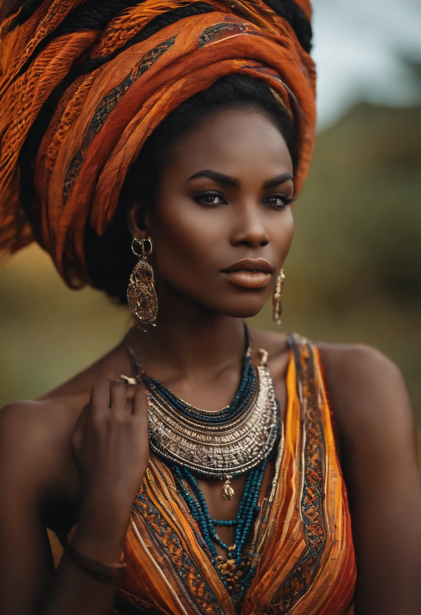 Beautiful African woman in the representation of the African goddess Iansã, vestida em laranja. lindos adornos dourados