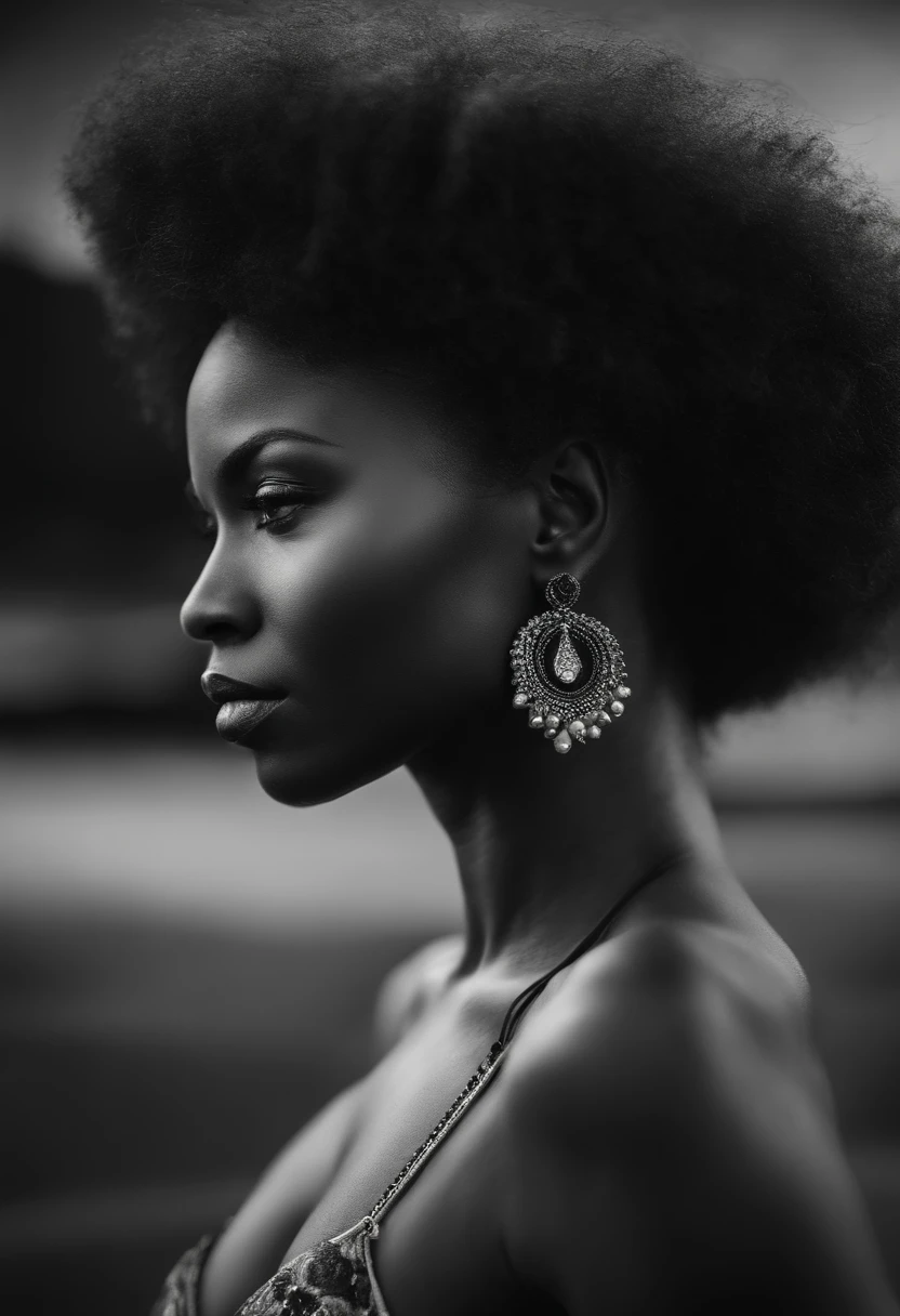 Woman with black and indigenous features, magra, de cabelo preto, curto e cacheado.