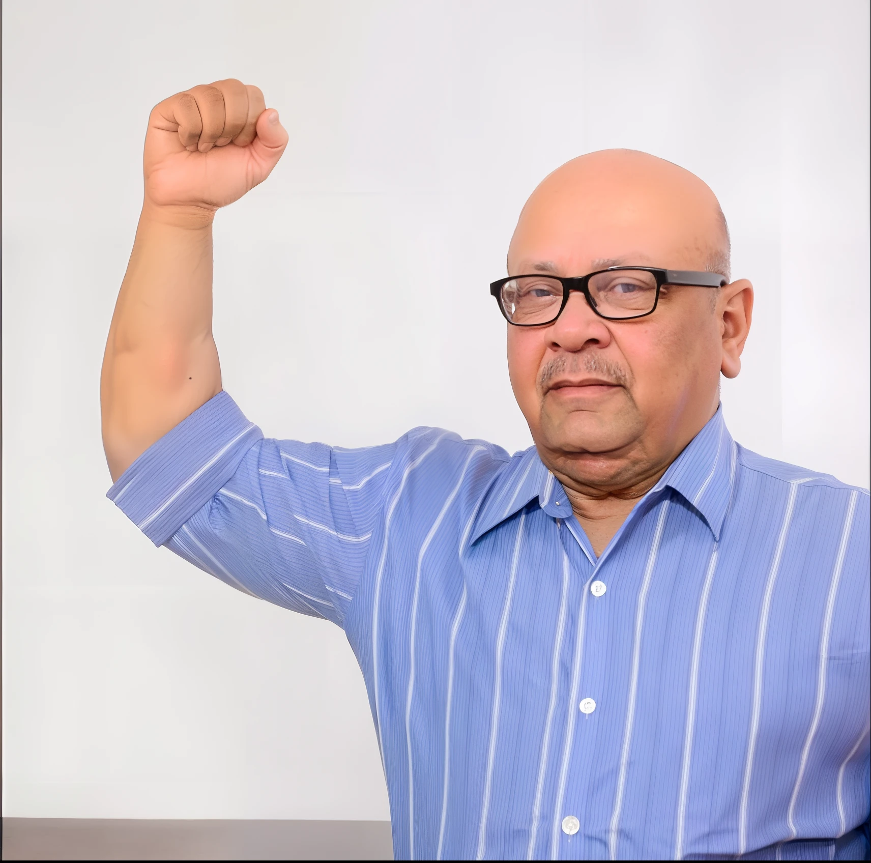 Man in blue shirt and glasses flexing his fist, Frank Reynolds, indistinct man with his hand up, Carlos Ortega Elizalde, Juan Caloto, middle aged balding superhero, victor maristane, inspirado em Leo Leuppi, taken in the early 2020s, Arauto Ortega, man with glasses