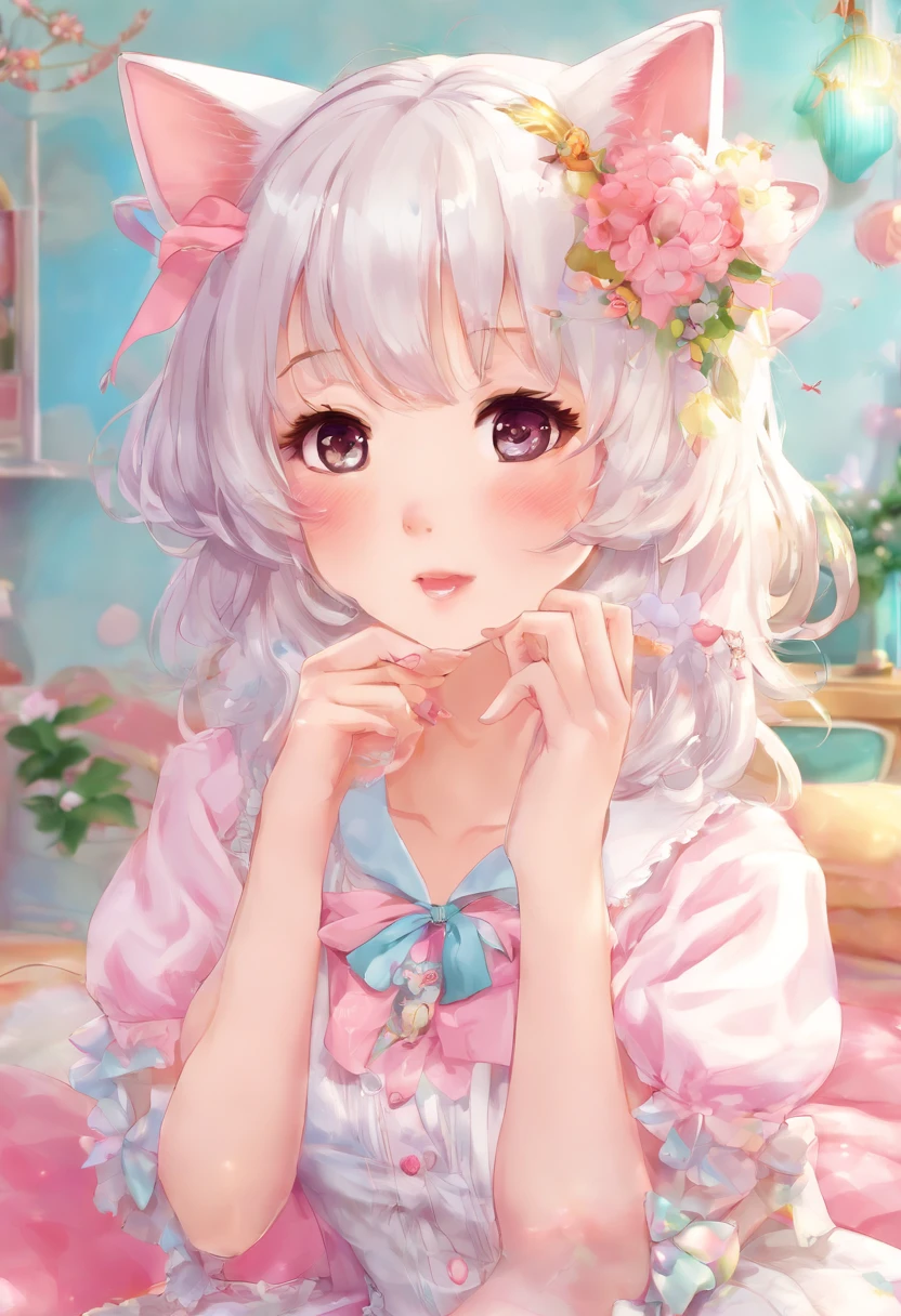 White hair，Cat's ears，Pink eyes，Light blue Lolita，White tights，pink bows，inside in room，kneeing on bed