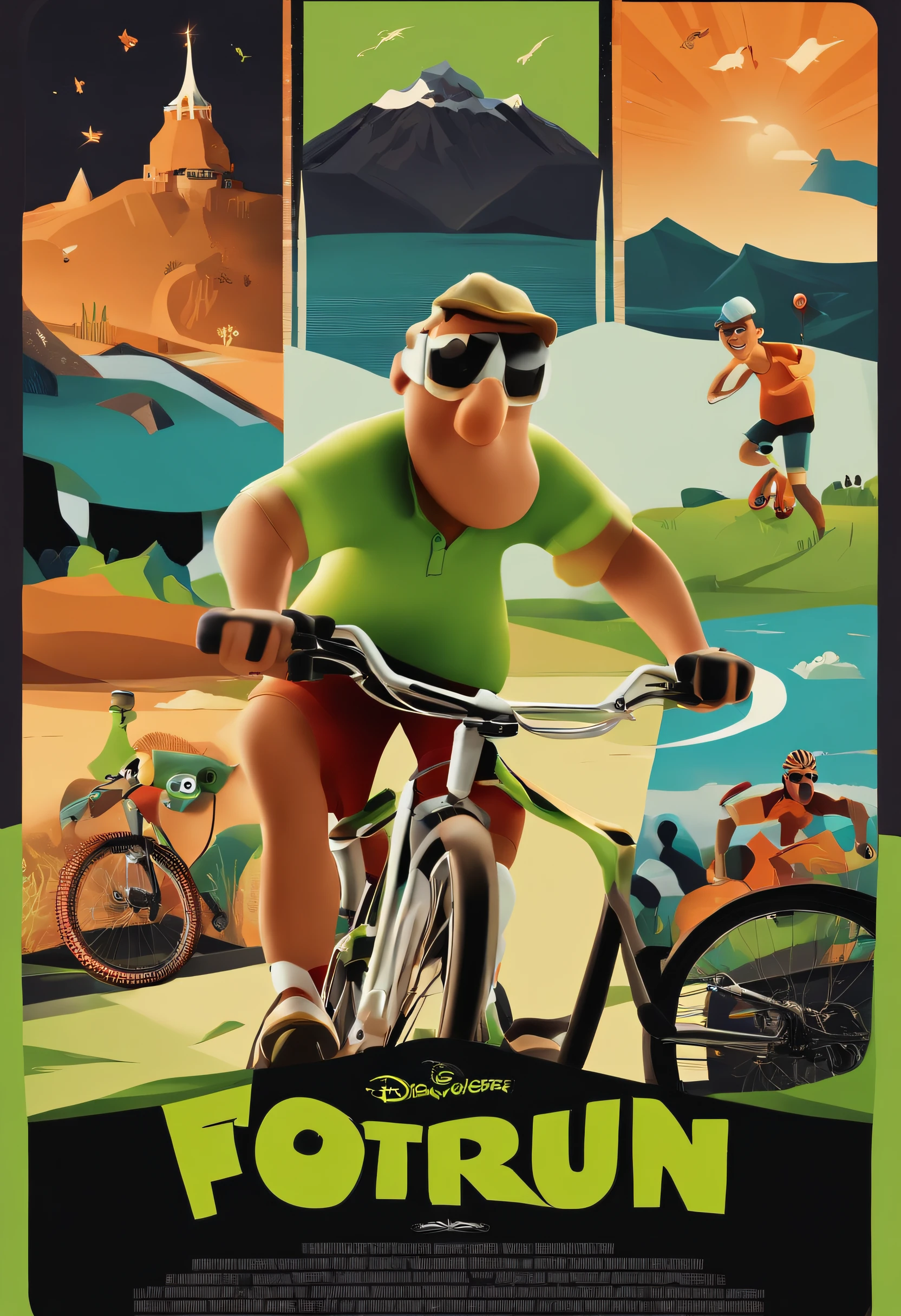 Make a Disney Pixar-inspired poster, with the title "FOTORUN". Featuring on the poster an image of a PROFESSIONAL PHOTOGRAPHER at a mountain bike competition. The photographer should be happy and wearing a lime green shirt. A cena deve estar no estilo da Pixar em  arte digital, and the character with expressions, Vibrant colors and detailed textures that are characteristic of its animations.