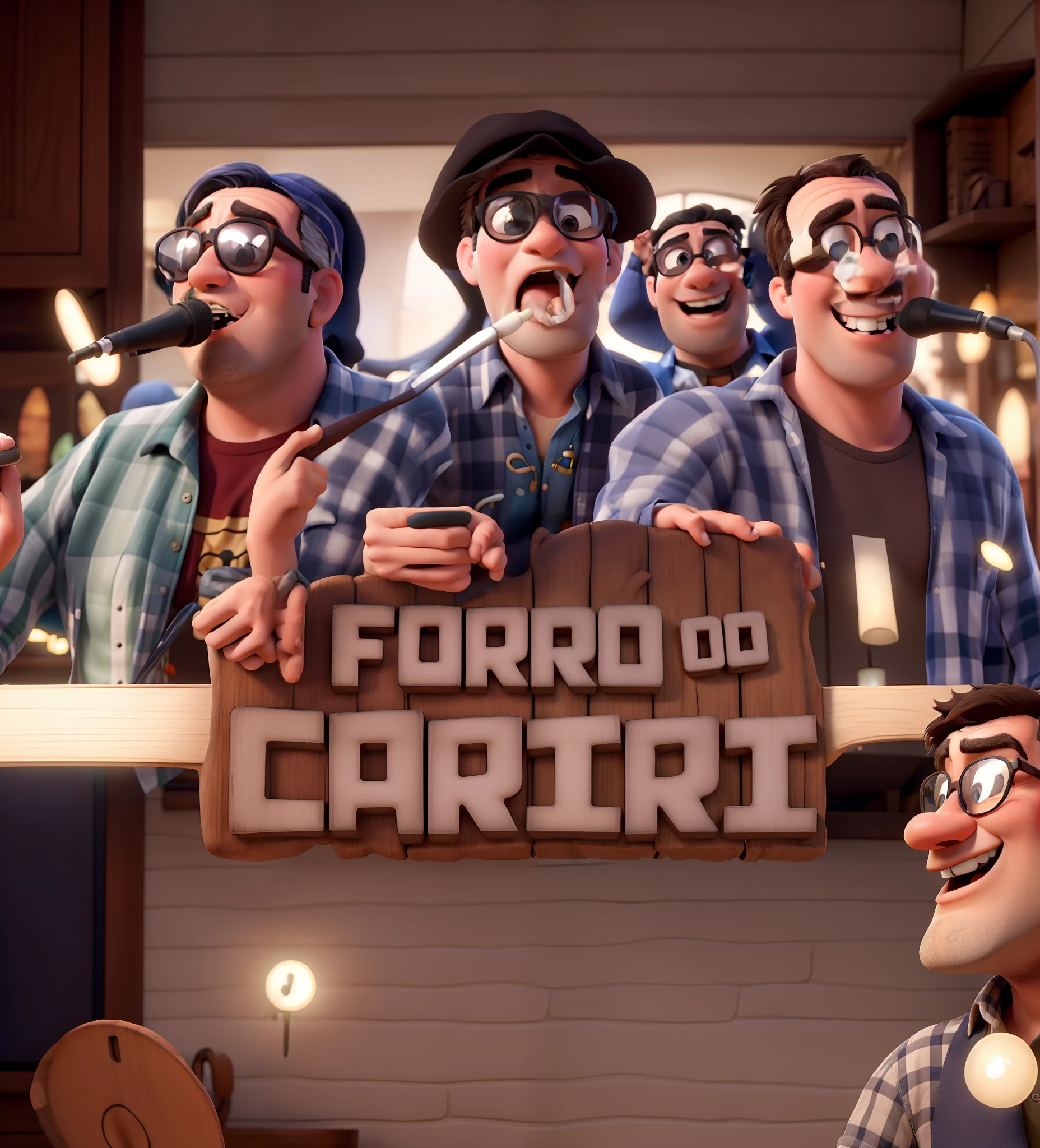 Obra-prima ao estilo Disney/Pixar in high quality and high resolution. Three men singing a song, dressed in checkered shirts and wearing sunglasses