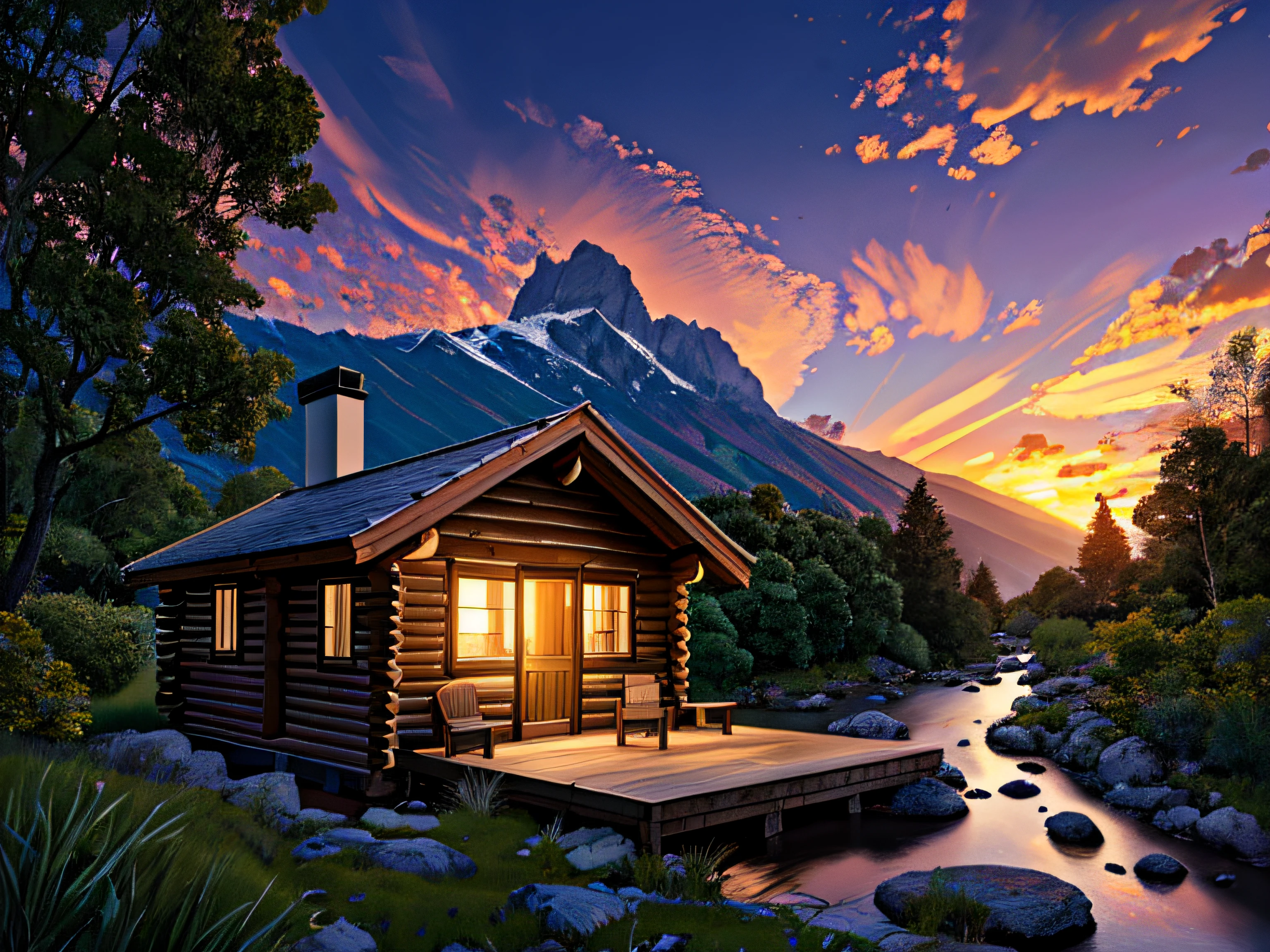 An image of a log cabin in the mountains with a stone trail leading through the trees to the cabin, pilha de madeira picada e um machado ao lado da cabine, Birds flying, um lago com uma ponte. cinemactic, realismo, Cristalina, micro-detalhes, Cinematic light, Altas, imagination, (Realistic), sky clear, compositing, Sunset, (HDR:1.5), ao ar livre, detalhes intrincados,