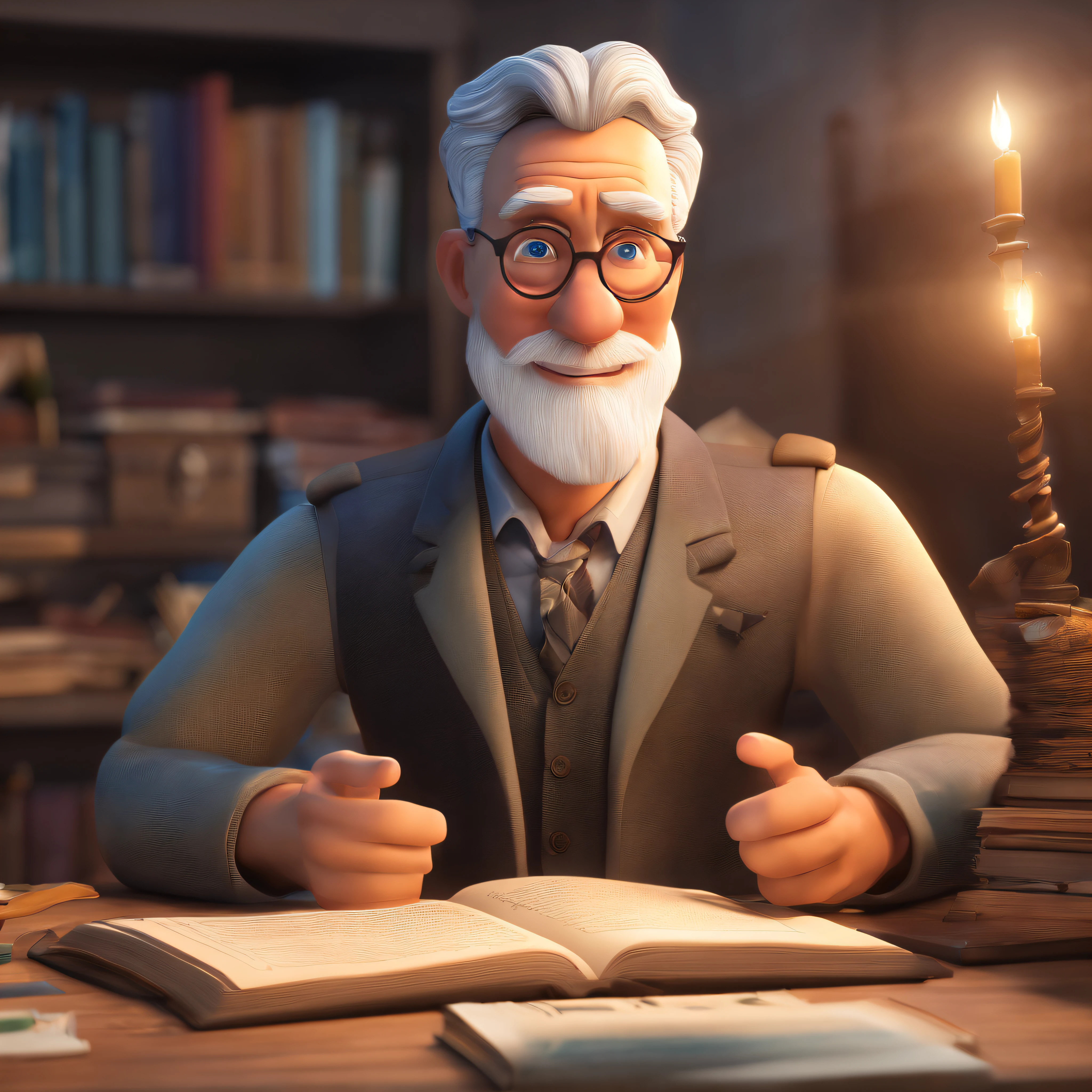 Crie um cartaz inspirado na Disney Pixar com o personagem sendo o pastor Rubens Janier, A gray-haired man wearing glasses, in an office with a Bible on the table