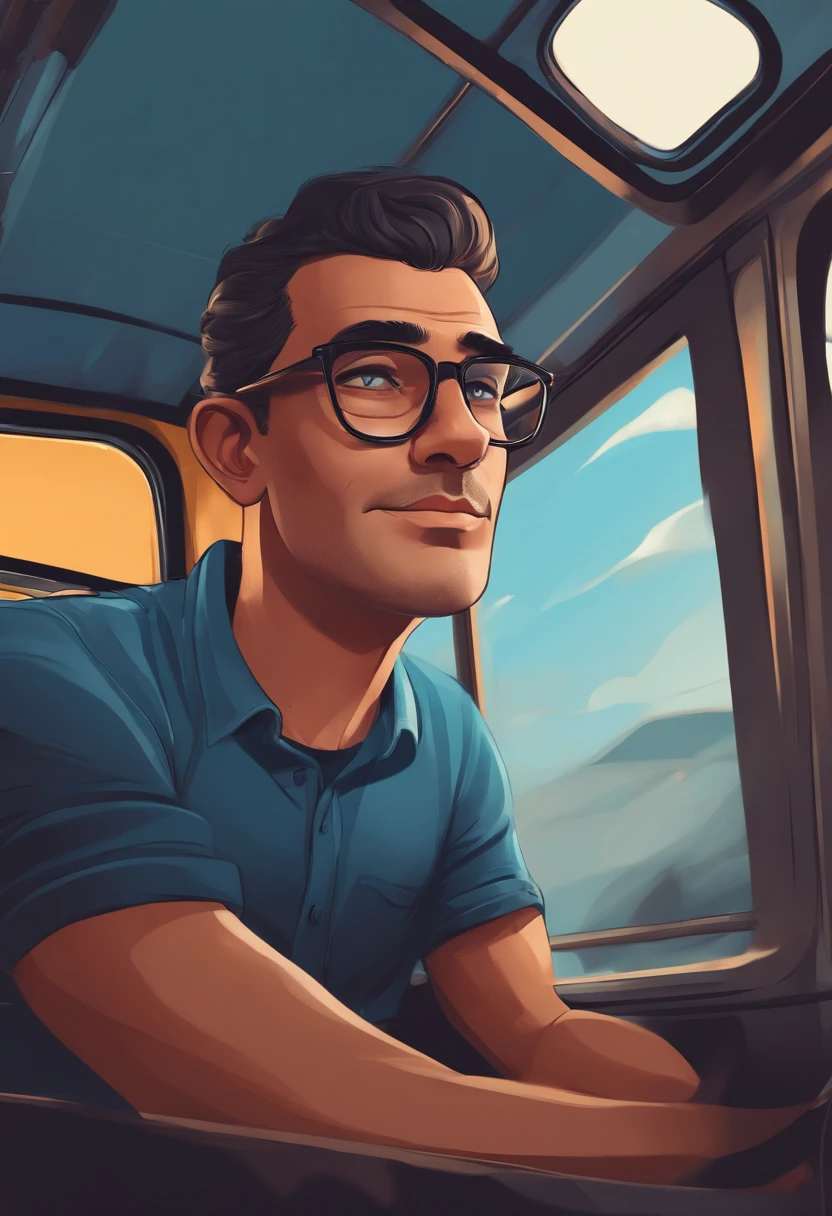 Cartoon character of a man with black glasses and a blue shirt,  Behind the wheel of a bus