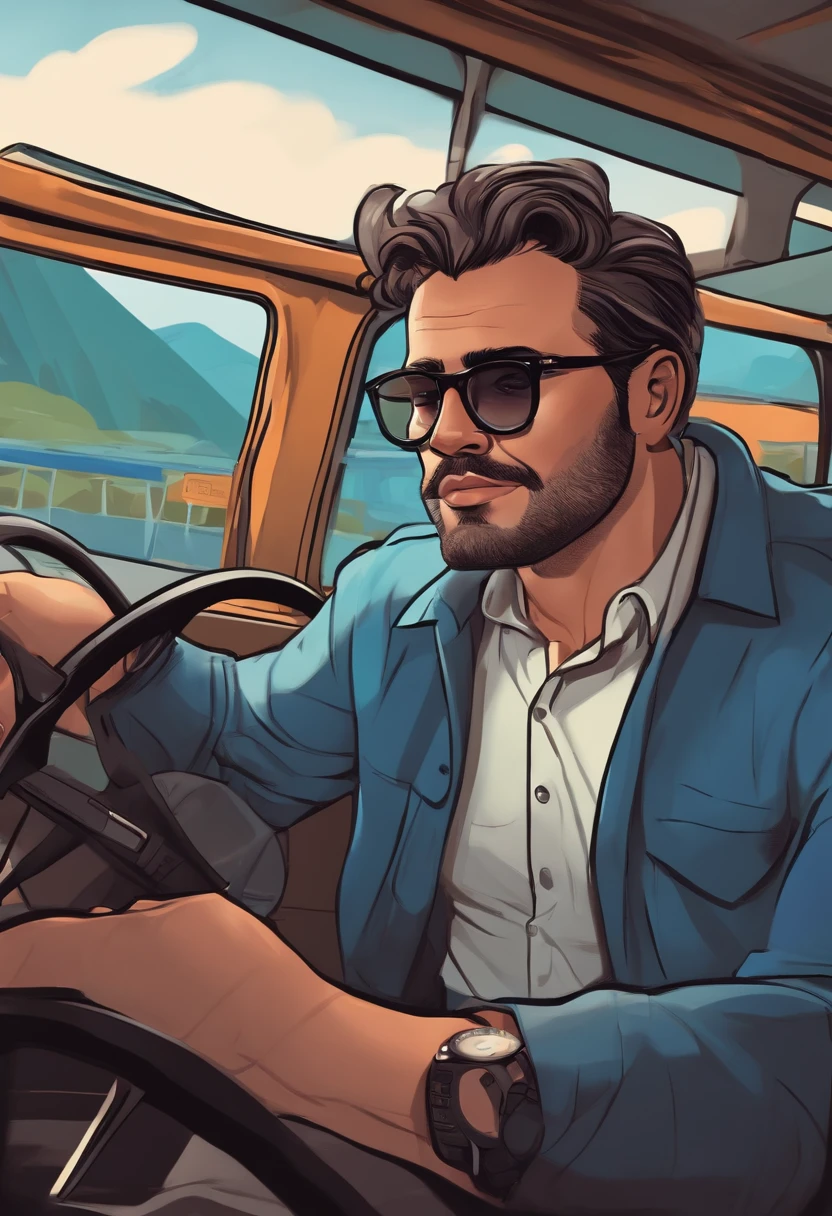 Cartoon character of a man with black glasses and a blue shirt,  Behind the wheel of a bus