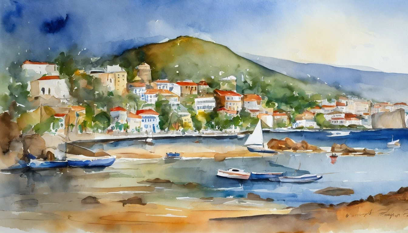 Niteroi in the style of Elysium Disco, Watercolor expressionist. Highlight the Museum of Contemporary Art (MAC), up front view, frontage, high definition