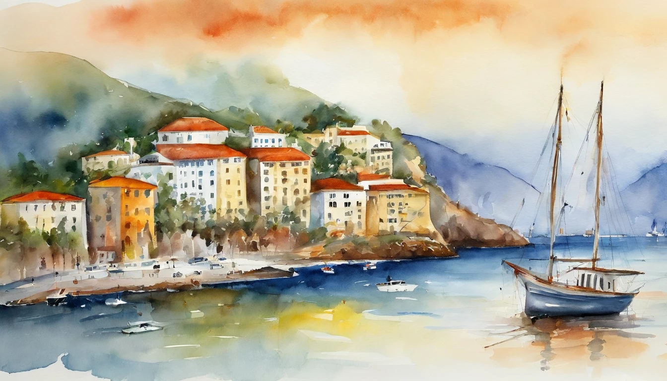 Niteroi in the style of Elysium Disco, Watercolor expressionist. Highlight the Museum of Contemporary Art (MAC), up front view, frontage, high definition