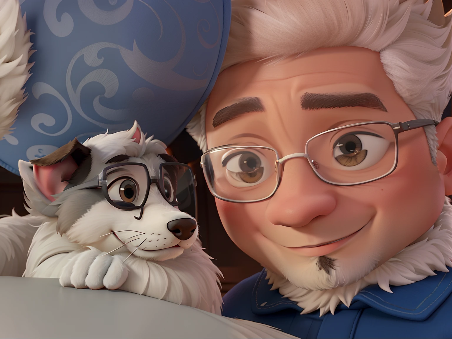An Oriental Man in Glasses with a Furry White Dog Disney Pixar Style, alta qualidade, melhor qualidade
