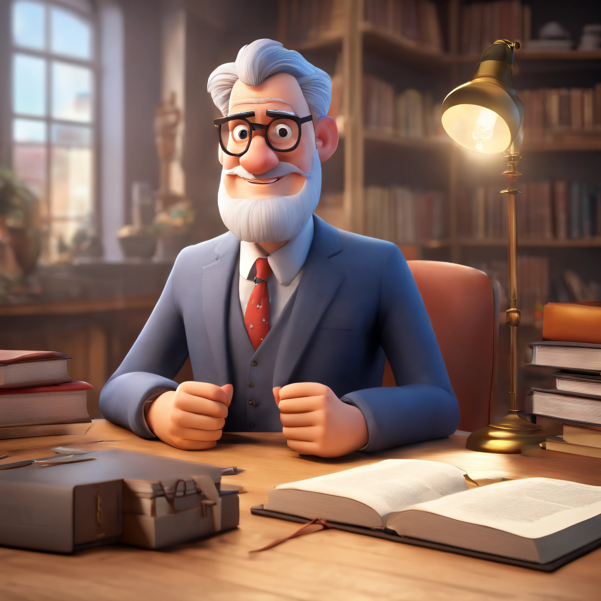 Create a Disney Pixar-inspired poster featuring the character of Pastor Rubens Janier, A gray-haired man wearing glasses, um terno, in an office with a Bible on the table