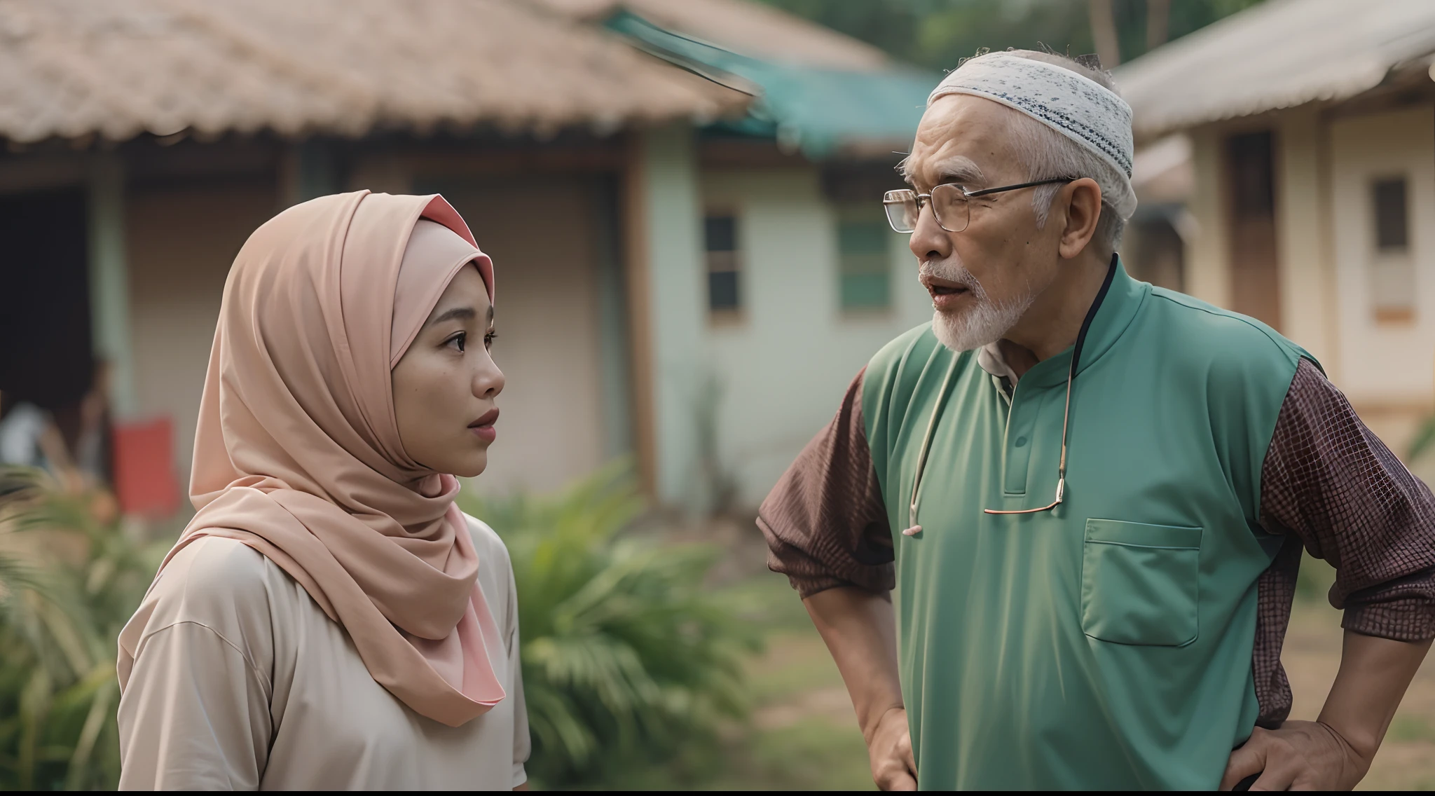 a film still of 1 malay girl in hijab and 1 malay old man in sport attire having an argument in malay village, raise hand, photo taken using Panavision DXL2, 28mm lens, Establishing shot, muted color grading, cinemascope, drama, high quality, ultra detailed, 8k resolution,