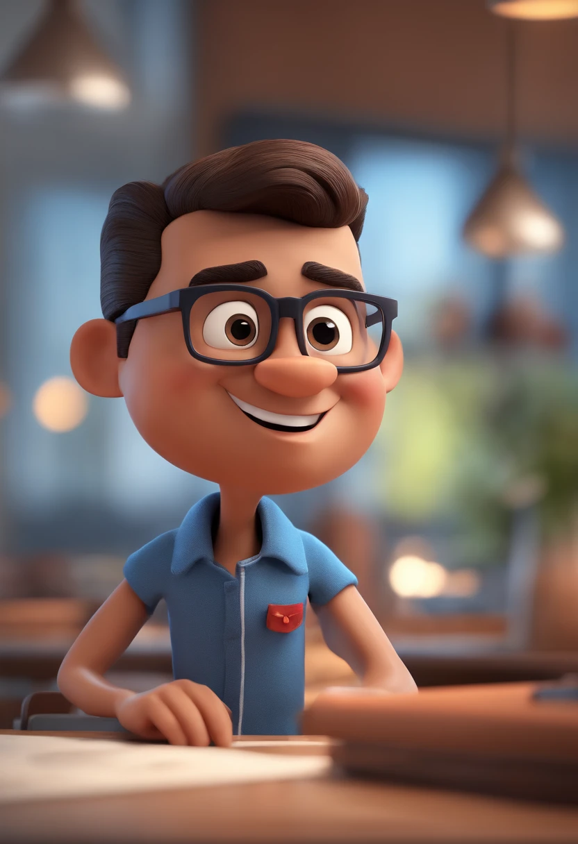 Cartoon character of a man with black glasses and a blue shirt, animation character, Caractere estilizado, animation style rendering, 3D estilizado, Arnold Maya render, 3 d render stylized, toon render keyshot, Personagem 3D, Personagem 3D, 3d rendering stylized, 3 d character render, personagem de desenho animado, Personagem de close up, Pose de personagem, (Estilo Pixar) (master part:1.2) (Bokeh) (best quality) (pele detalhada) (textura detalhada) (8k) (argila) (Cinematic lighting) (foco nítido