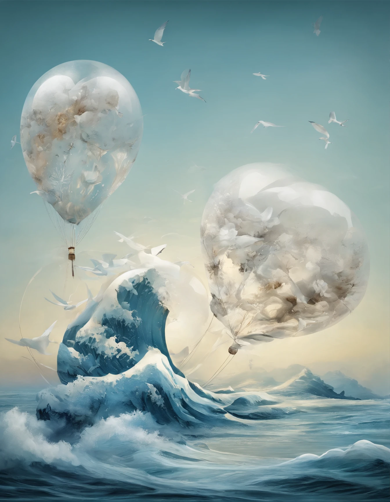 (Two cranes fly out of a hot air balloon made of a blue and white porcelain vase), (Blue and white porcelain vase:1.37),Blue pattern,This type of hot air balloon is not like modern hot air balloons,It doesn't have bright colors,There is no modern design,But it has a strong quaint vibe,Peony flower,Crane, (Two cranes flutter in the morning breeze:1.37),The gaze is deep and warm,Silent Mountain,Twinkle in the morning light, azure sea, White waves crash against the rocks,, beautiful sky ,Photography,Clear facial features, Ice sculpture art style,3D rendering of character concept art,A beautiful painting by Stephen Shore,Ukiyo-e art,Pixar style,The work of Furuhiko,Masterpiece,Encaustic painting,Egg garnish,Matte painting,Modern art,spray ,land art,Smoke art,carved wood,decorations,Beads and rope,Image courtesy of Ingmar Bergman(Ingmar Bergman)of works,(Antoni Gaudí),author:Rem Koolhaas,Oscar Niemeyer(Oscar Niemeyer),author:Renzo Piano placeholder image,author:Alessio Albi, author:David Berdan,author:Chris Burcard,author:Ray Collins,Dreamy atmosphere,An atmosphere of happiness,Romantic atmosphere,Depth of field (degrees of freedom),boobs shot(mcu),Bottom view,Beautiful lighting, --Original style