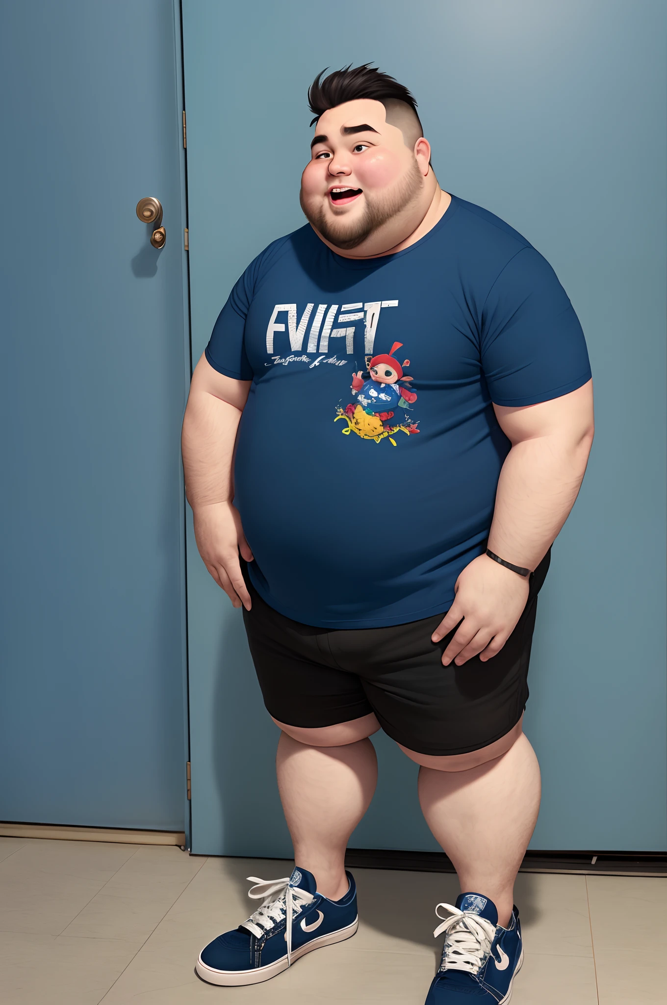 make a pixar-style image of a fat white man, 44 years old, with little hair, big cheeks, black eyebrows, oriental style eyes, wearing a large, voluminous black beard, a few gray hairs, wearing shorts with army colors, blue maga shirt, white short-top sneakers