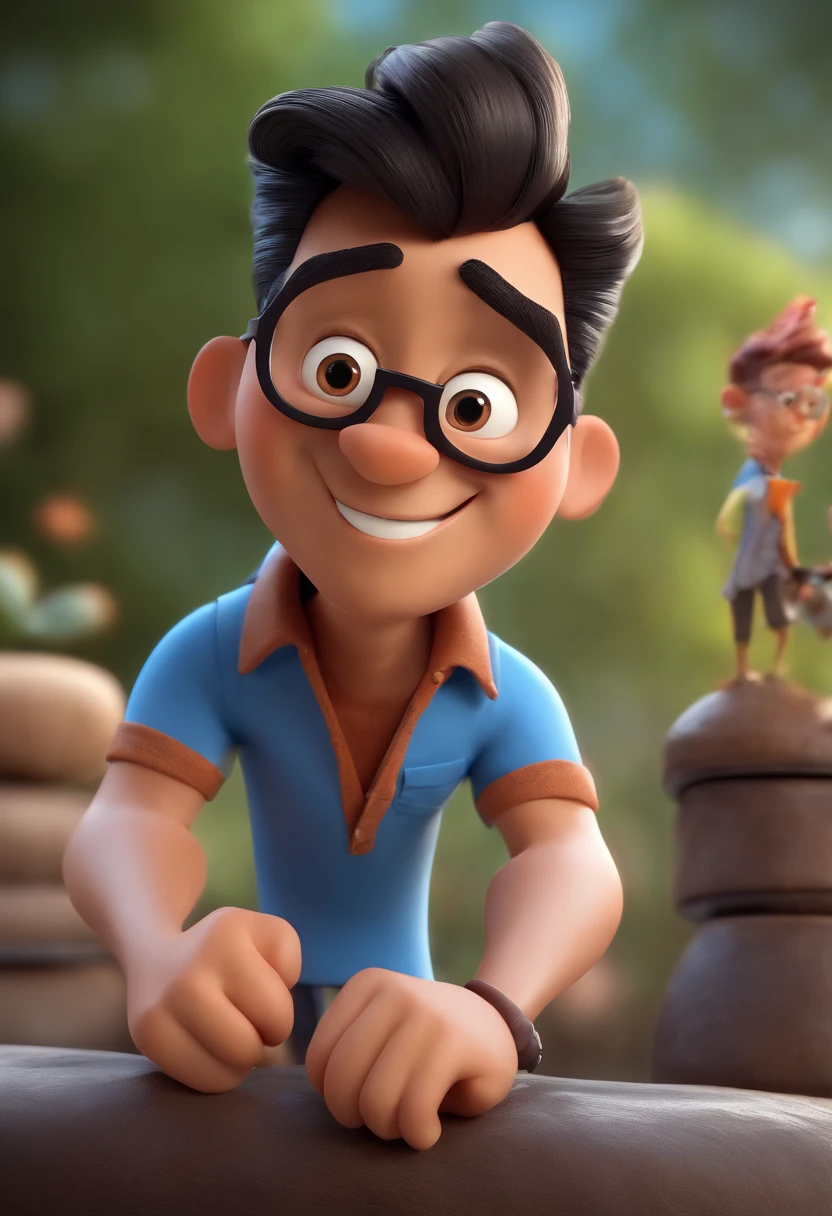 Cartoon character of a man wearing black glasses and a blue shirt, um personagem animado, Caractere estilizado, animation style rendering, 3D estilizado, Arnold Maya render, 3 d render stylized, toon render keyshot, Personagem 3D, Personagem 3D, 3d rendering stylized, 3 d character render, personagem de desenho animado, Personagem de close up, Pose de personagem, (Estilo Pixar) (master part:1.2) (Bokeh) (best quality) (pele detalhada) (textura detalhada) (8k) (argila) (Cinematic lighting) (foco nítido,Senta e vaza a parte superior do corpo