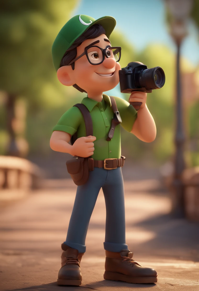Cartoon character of a man wearing black cap and a green shirt holding a camera, um personagem animado, Caractere estilizado, animation style rendering, 3D estilizado, Arnold Maya render, 3 d render stylized, toon render keyshot, Personagem 3D, Personagem 3D, 3d rendering stylized, 3 d character render, personagem de desenho animado, Personagem de close up, Pose de personagem, (Estilo Pixar) (master part:1.2) (Bokeh) (best quality) (pele detalhada) (textura detalhada) (8k) (argila) (Cinematic lighting) (foco nítido,Senta e vaza a parte superior do corpo