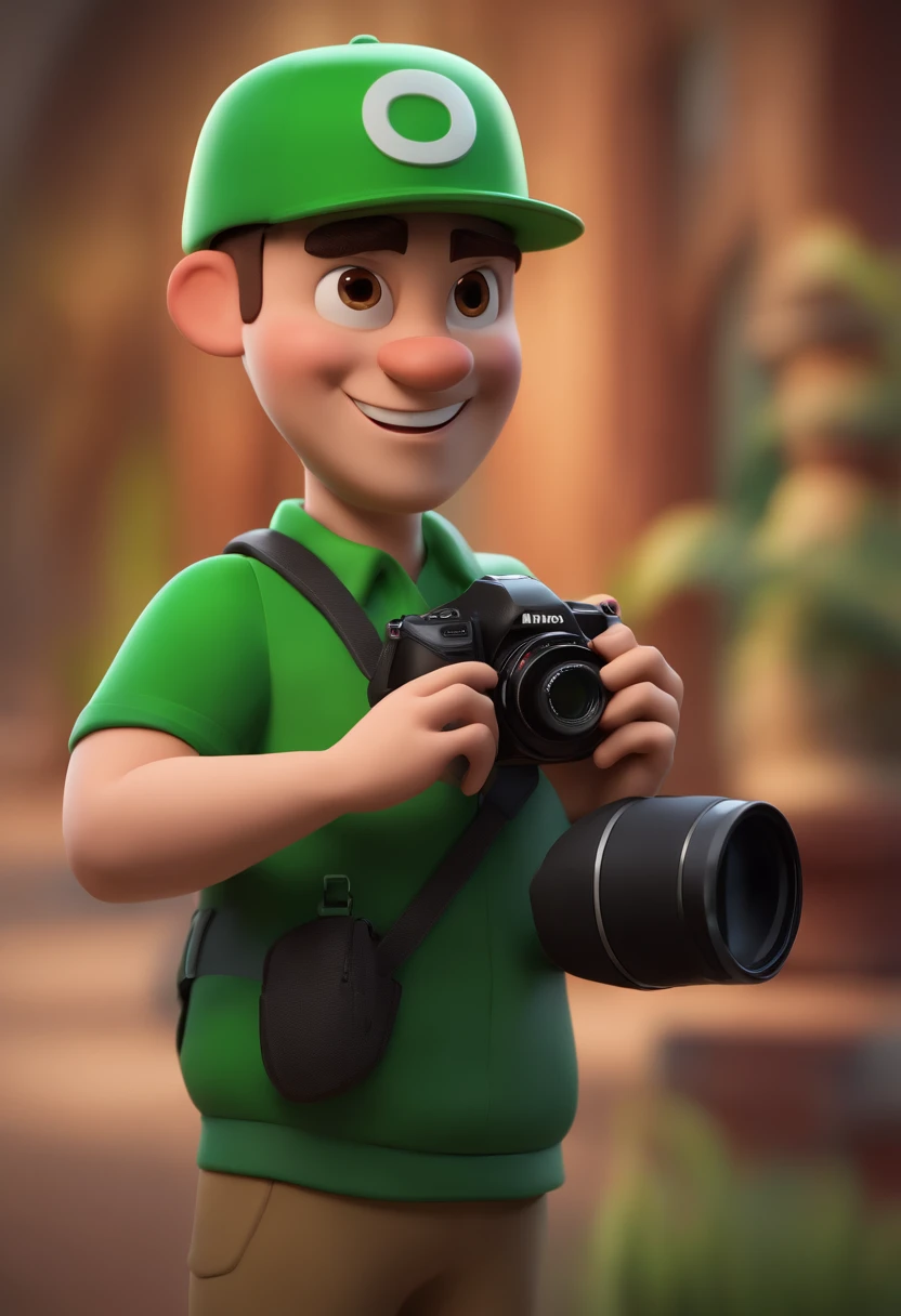 Cartoon character of a man wearing black cap and a green shirt holding a camera, um personagem animado, Caractere estilizado, animation style rendering, 3D estilizado, Arnold Maya render, 3 d render stylized, toon render keyshot, Personagem 3D, Personagem 3D, 3d rendering stylized, 3 d character render, personagem de desenho animado, Personagem de close up, Pose de personagem, (Estilo Pixar) (master part:1.2) (Bokeh) (best quality) (pele detalhada) (textura detalhada) (8k) (argila) (Cinematic lighting) (foco nítido，Senta e vaza a parte superior do corpo