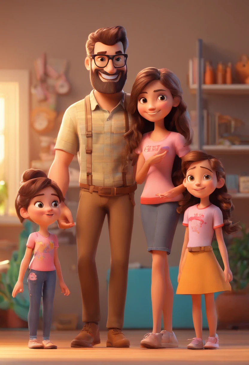 Estilo Pixar: Familia, one dad brunette wth beard, A mother and two girls. Uma de 6 anos e outro de 3 anos . Uma fazenda com vacas lindas e marrom .