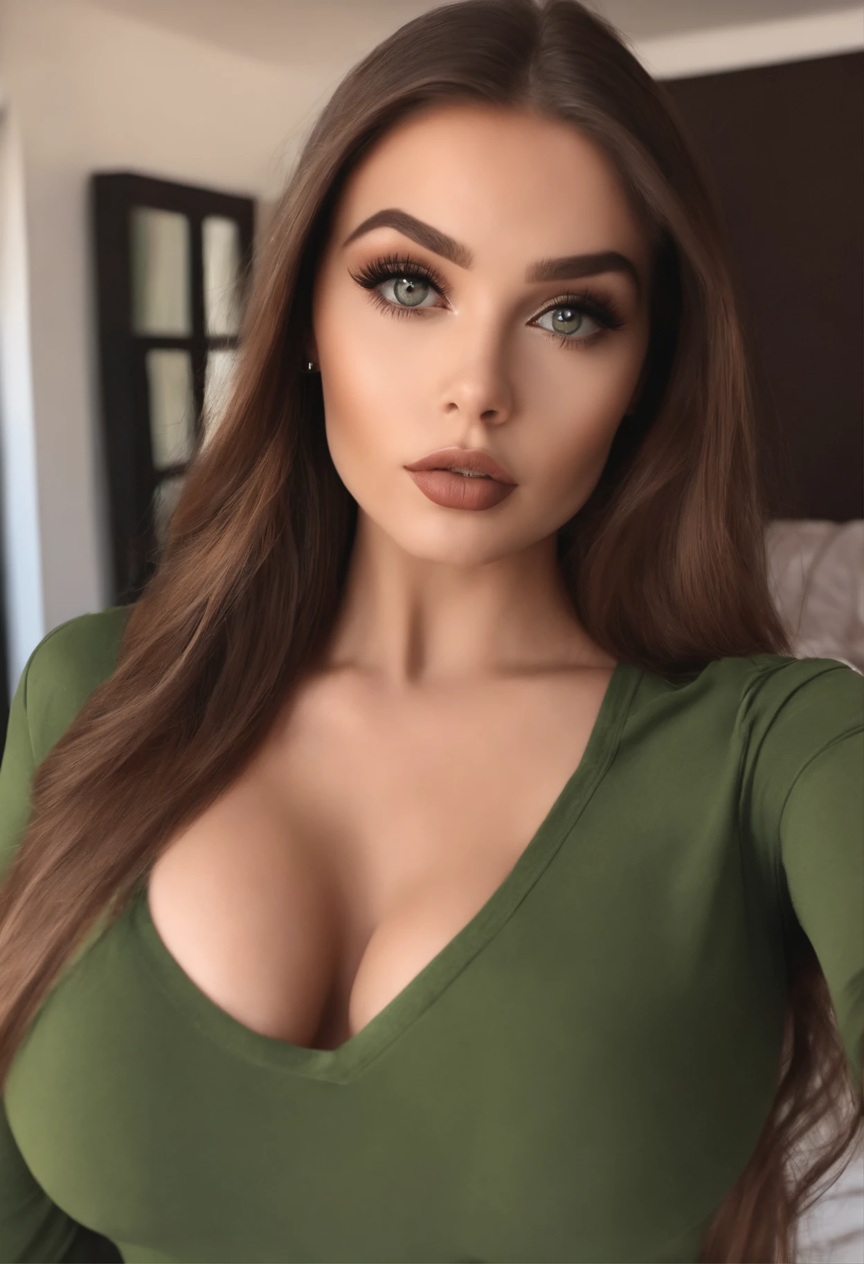 Arafed Mujer totalmente , Chica sexy con ojos verdes, ultra realista, meticulosamente detallado, Retrato Sophie Mudd, brown hair and large eyes, selfie de una mujer joven, Ojos de Dubai, Violeta Myers, sin maquillaje, Maquillaje natural, staring directly into camera, cara con artgram, maquillaje sutil, Impresionante foto de cuerpo completo arrodillado en la cama, En el dormitorio, Medium to large size bust