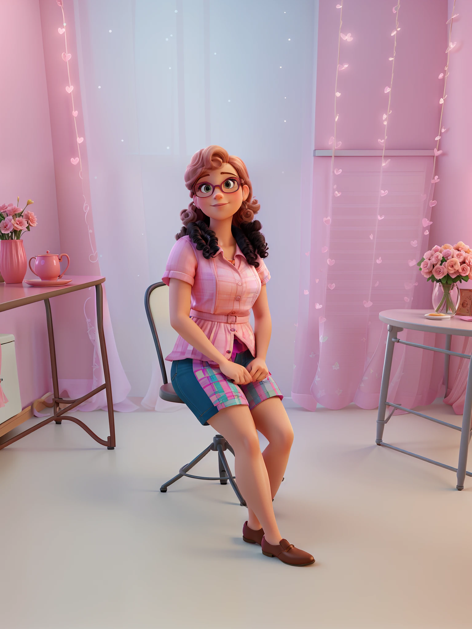 there is a woman sitting on a chair in a room, background is heavenly, photo shoot, profile photo, Realistic photo,profile image,inside image, full body image, professional image, beautiful, Photo Shoot, Photo shoot, pink studio lighting, about 30s wearing glasses with pink frame short curly blonde hair, pink girl in Disney Pixar style 3D model