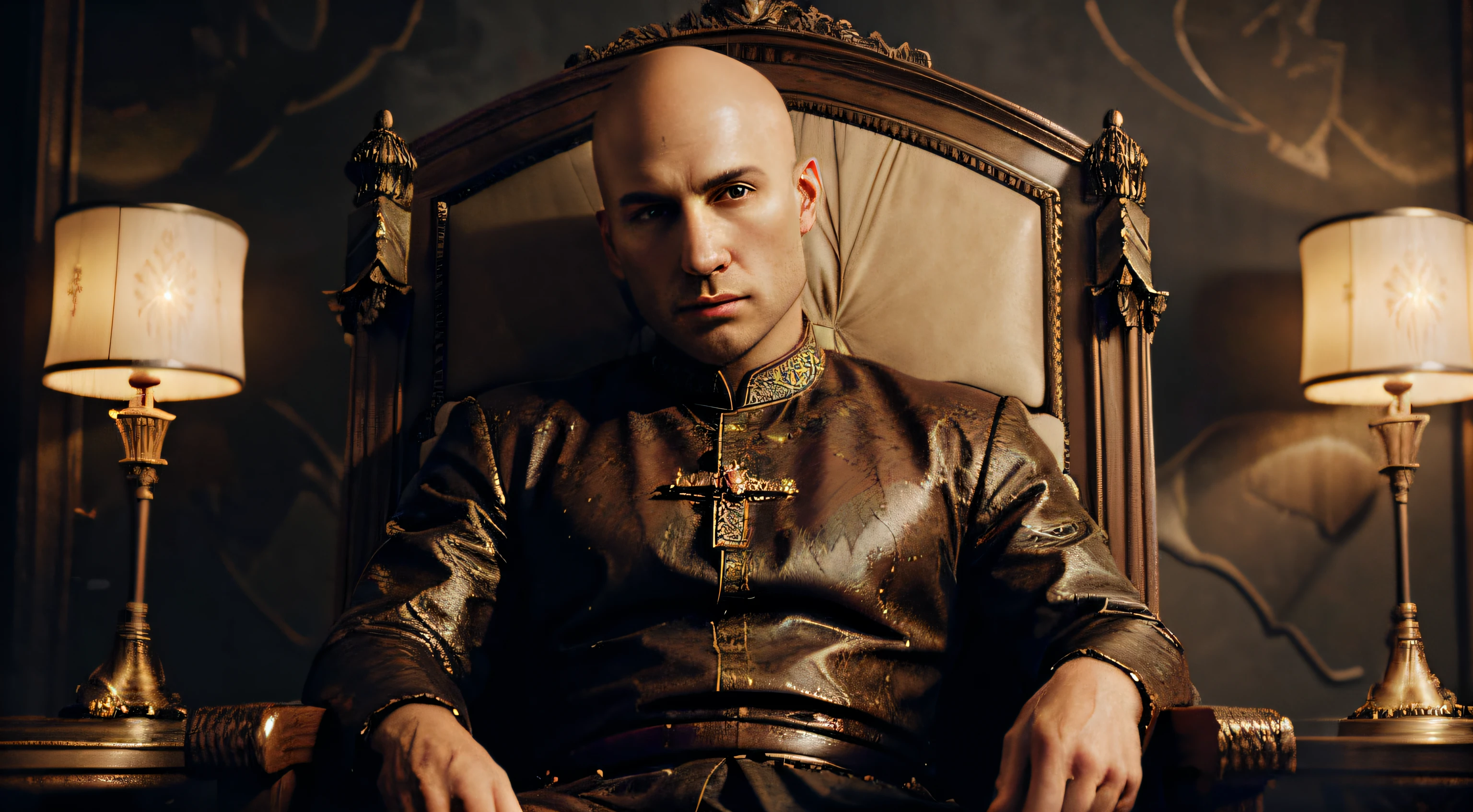 (bald handsome sitting with throne, 3D),oil painting,vibrant colors,moody atmosphere,highly detailed,royal garments,dramatic lighting,imposing castle,medieval fantasy