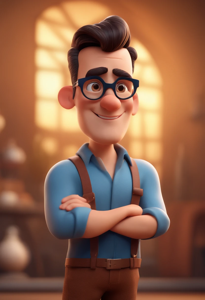 Cartoon character of a man with black glasses and a blue shirt, animation character, Caractere estilizado, animation style rendering, 3D estilizado, Arnold Maya render, 3 d render stylized, toon render keyshot, Personagem 3D, Personagem 3D, 3d rendering stylized, 3 d character render, personagem de desenho animado, Personagem de close up, Pose de personagem,  (Estilo Pixar) (master part:1.2) (Bokeh) (best quality) (pele detalhada) (textura detalhada) (8k) (argila) (Cinematic lighting) (foco nítido