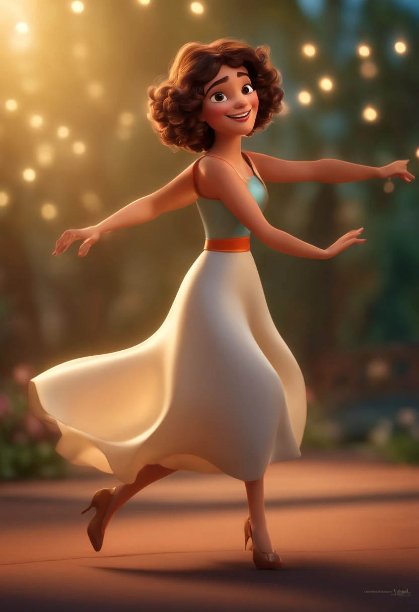 Pixar style image with 3D character brunette woman short curly hair dancing, Maquiagem Disney,Pescador, bonitinho, sorridente ,Close-up, Pixar, Disney, Cinema lighting, cabelo preto curto, olhoa puxados, sorrindo