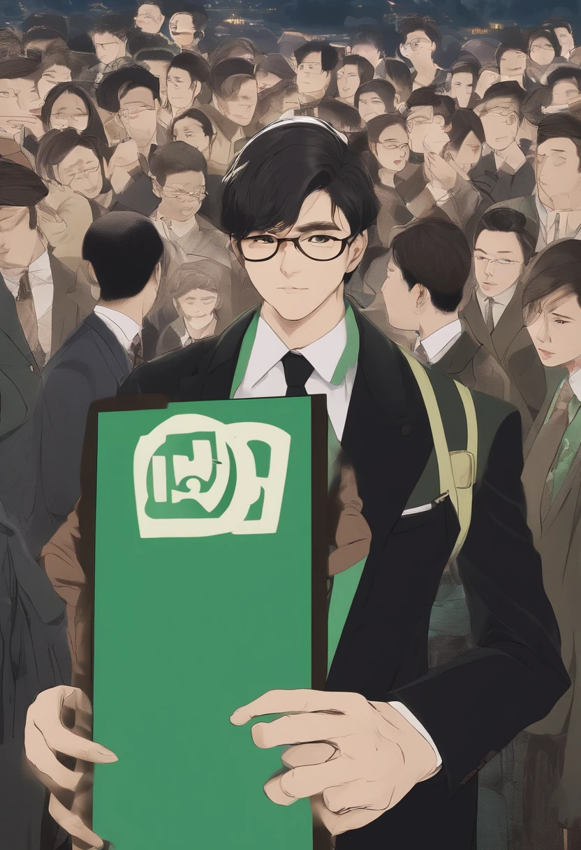 Close-up of a man holding a green sign with a photo of a person, a digital rendering by Kiyoshi Yamashita, Instagram, sōsaku hanga, komono, fanbox, advertisement picture, anime, future!!, Special, # 7 3 C 2 FB, kantoku, Attached is a Japanese text to go to Mosaic