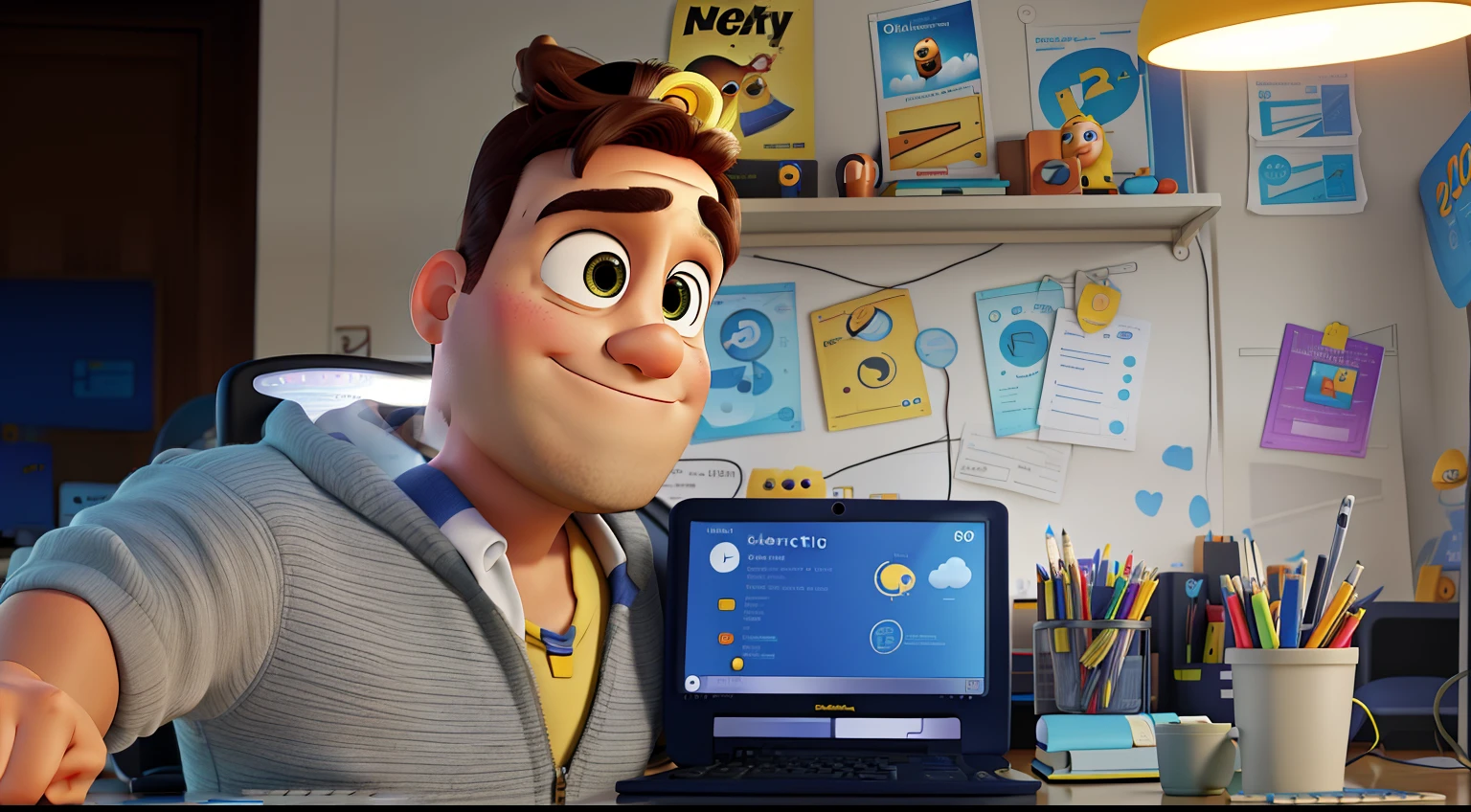 Poster Dismey Pixar, alta qualidade, notebook new, deskwork eletronica, background yellow