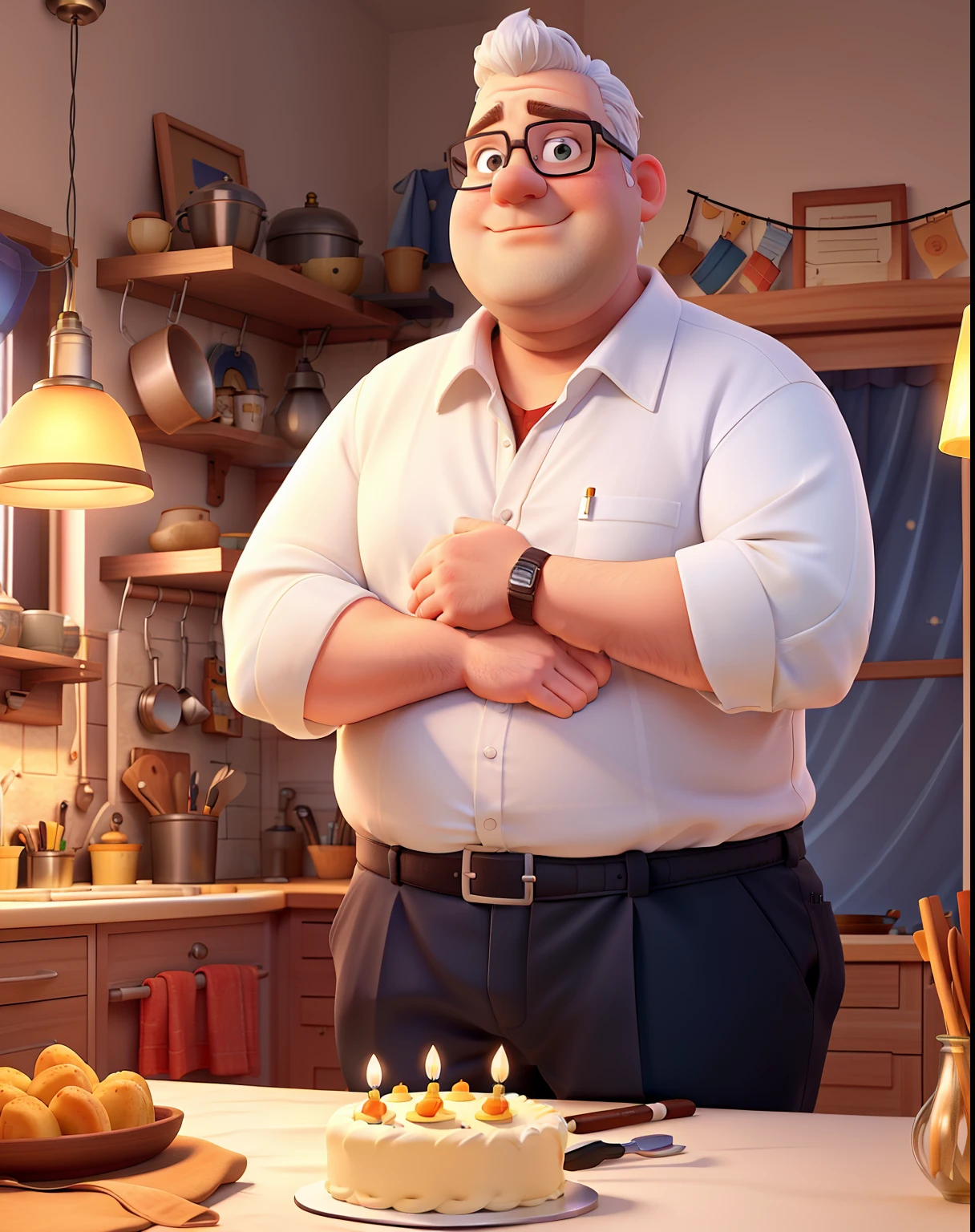 A white fat man with eyes glasses man standing in front, illuminated by the light of a lamp, against the backdrop of a kitchen he is decorating a birthday cake