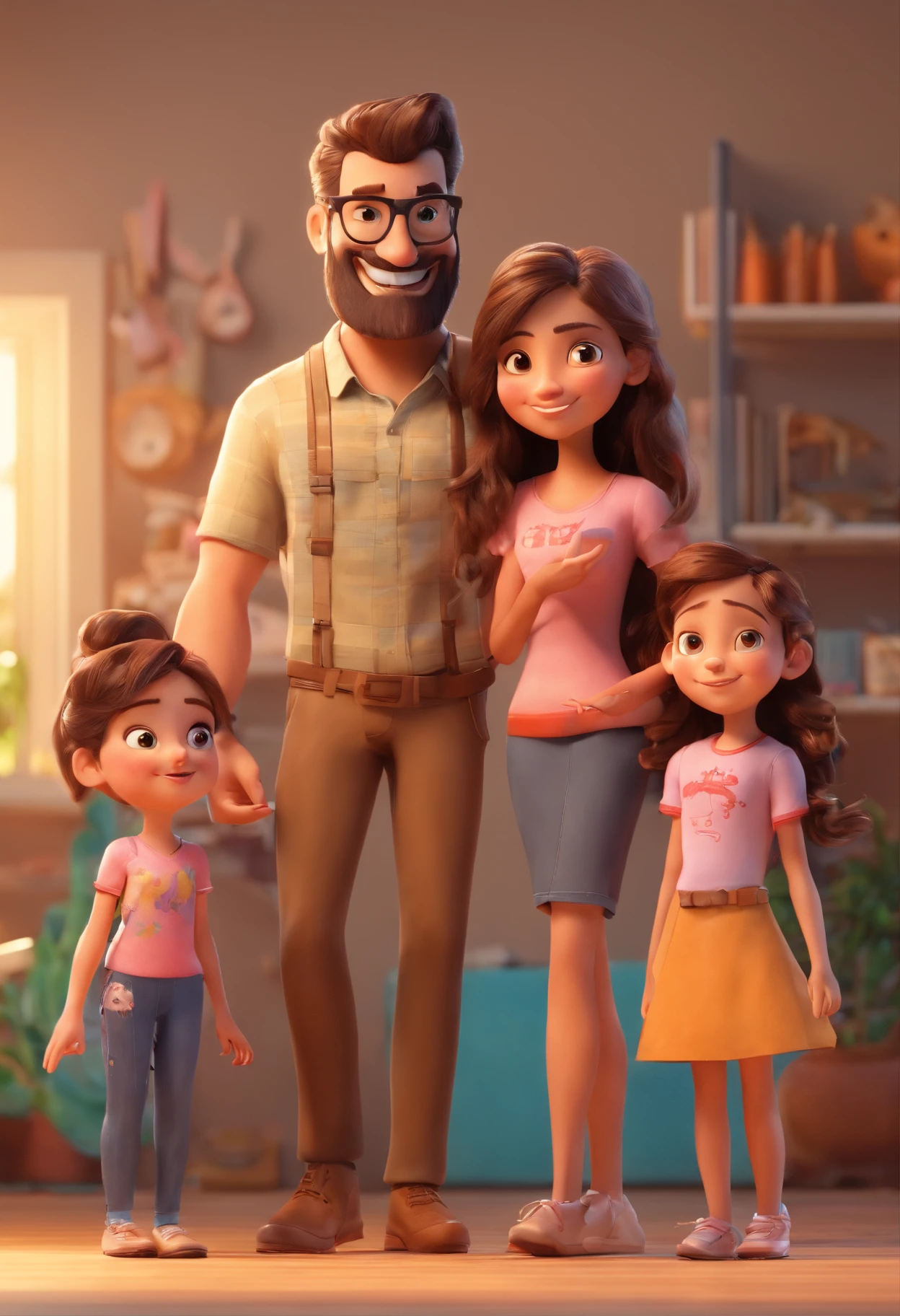 Estilo Pixar: Familia, one dad brunette wth beard, A mother and two girls. Uma menina de 6 anos e outro de 3 anos . Uma fazenda com vacas lindas e marrom .