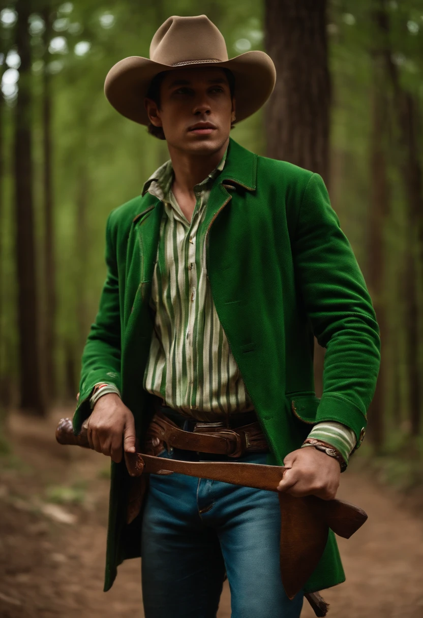A young man in a striped shirt and green coat and a cowboy hat standing holding a machete on his back