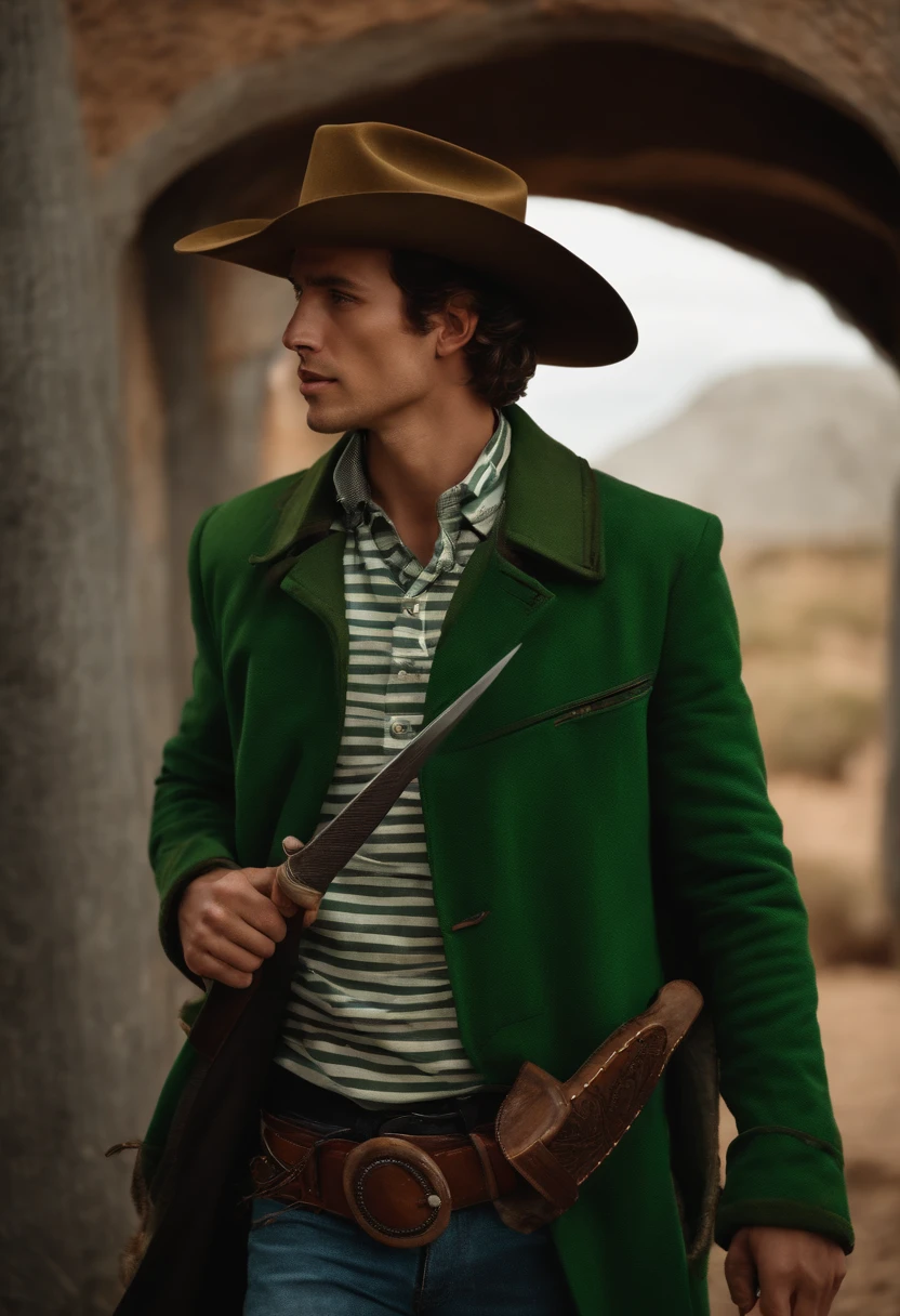 A young man in a striped shirt and green coat and a cowboy hat standing holding a machete on his back