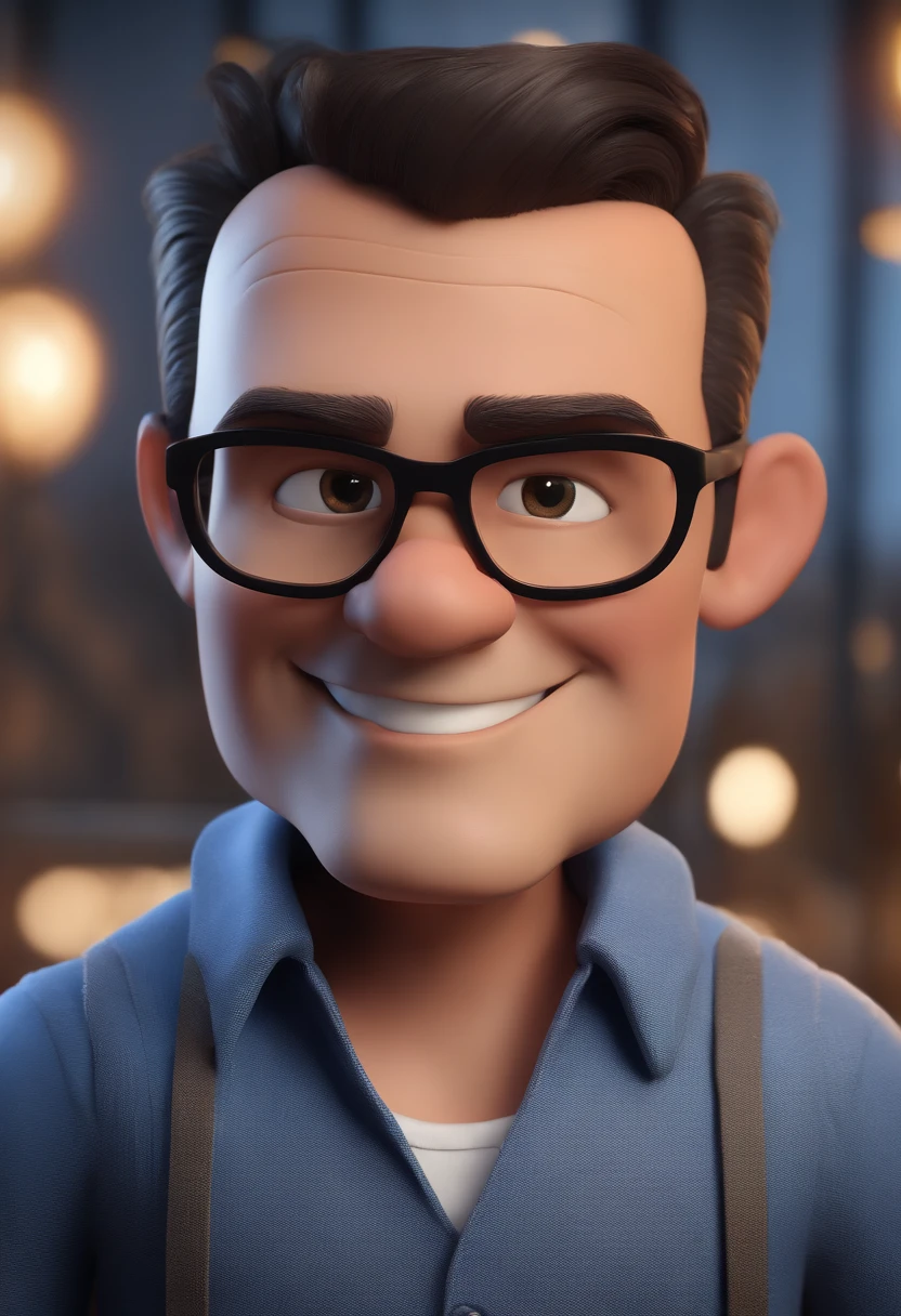 Cartoon character of a man with black glasses and a blue shirt, animation character, Caractere estilizado, animation style rendering, 3D estilizado, Arnold Maya render, 3 d render stylized, toon render keyshot, Personagem 3D, Personagem 3D, 3d rendering stylized, 3 d character render, personagem de desenho animado, Personagem de close up, Pose de personagem, (Estilo Pixar) (master part:1.2) (Bokeh) (best quality) (pele detalhada) (textura detalhada) (8k) (argila) (Cinematic lighting) (foco nítido