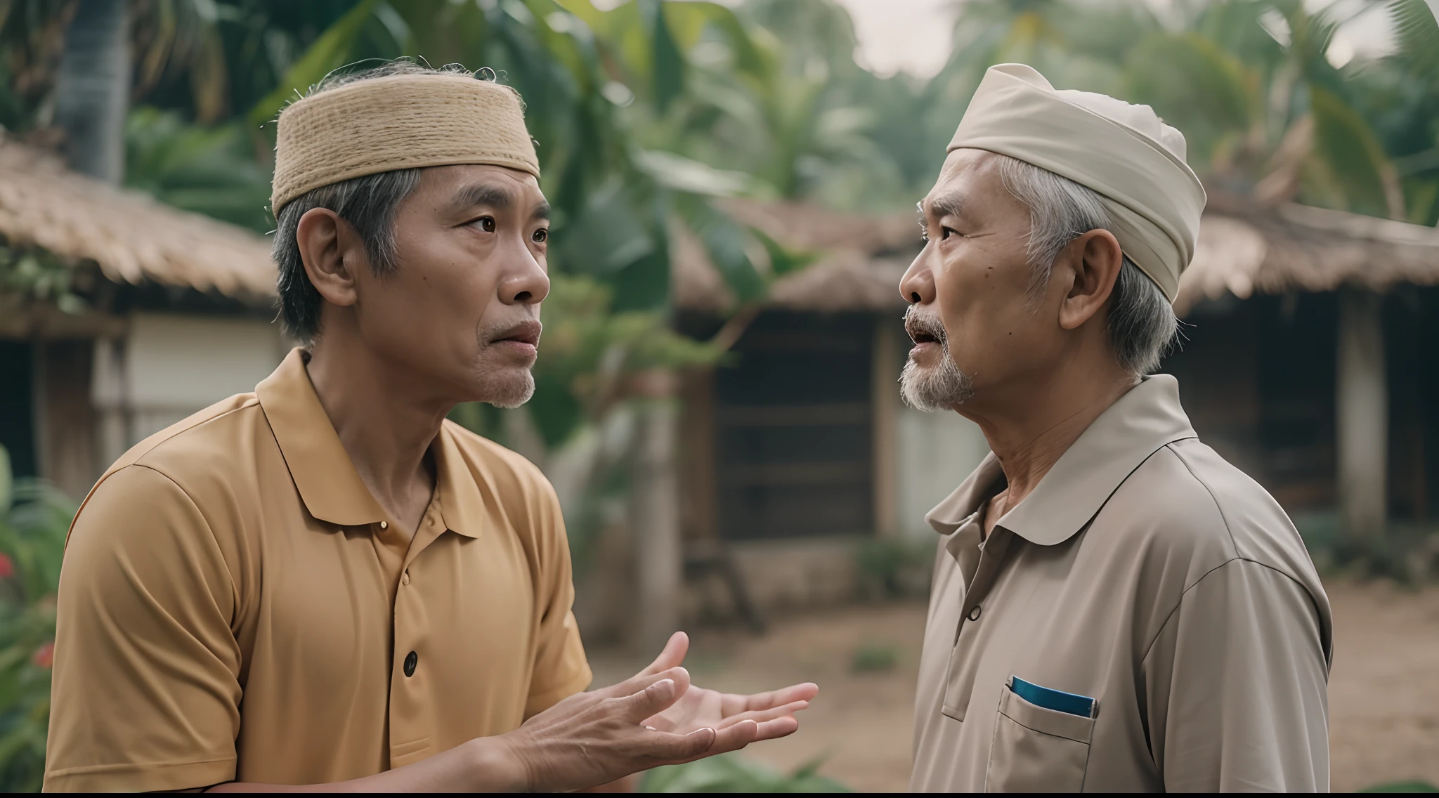 a film still of 1 malay boy and 1 malay old man in sport attire having an argument in malay village, raise hand, photo taken using Panavision DXL2, 28mm lens, Establishing shot, muted color grading, cinemascope, drama, high quality, ultra detailed, 8k resolution,