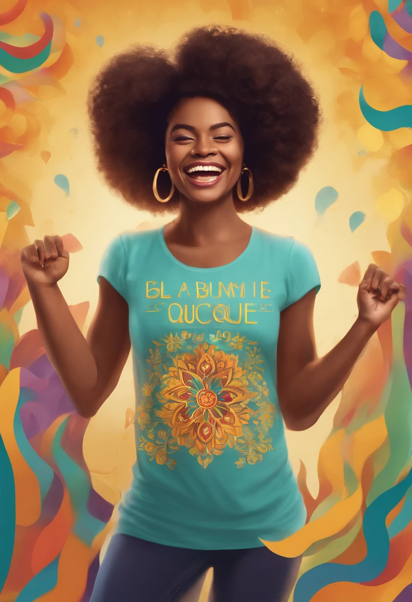 Uma mulher de pele parda, com cabelos castanhos cacheados e olhos castanhos, is portrayed in a moment of pure joy. She's jumping for happiness, com um sorriso radiante em seu rosto. The scene is dominated by vivid colors, Like aqua green, roxo e azul, that frame the woman and accentuate the sense of celebration. Ela segura um certificado que diz "Festival of Invention and Creativity" in her hands, simbolizando seu grande feito. The woman wears a black T-shirt with the inscription "GAMT", que adiciona um toque de estilo ao seu visual festivo.
