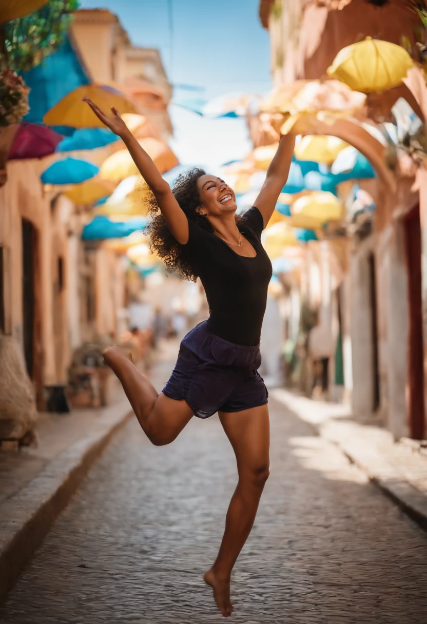 Uma mulher de pele parda, com cabelos castanhos cacheados e olhos castanhos, is portrayed in a moment of pure joy. She's jumping for happiness, com um sorriso radiante em seu rosto. The scene is dominated by vivid colors, Like aqua green, roxo e azul, that frame the woman and accentuate the sense of celebration. Ela segura um certificado que diz "Festival of Invention and Creativity" in her hands, simbolizando seu grande feito. The woman wears a black T-shirt with the inscription "GAMT", que adiciona um toque de estilo ao seu visual festivo.