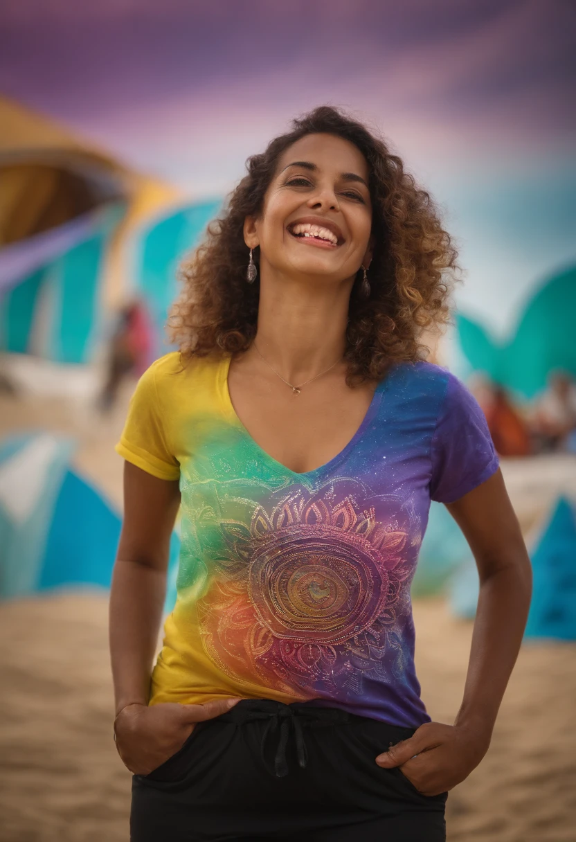 Uma mulher de pele parda, com cabelos castanhos cacheados e olhos castanhos, is portrayed in a moment of pure joy. She's jumping for happiness, com um sorriso radiante em seu rosto. The scene is dominated by vivid colors, Like aqua green, roxo e azul, that frame the woman and accentuate the sense of celebration. Ela segura um certificado que diz "Festival of Invention and Creativity" in her hands, simbolizando seu grande feito. The woman wears a black T-shirt with the inscription "GAMT", que adiciona um toque de estilo ao seu visual festivo.