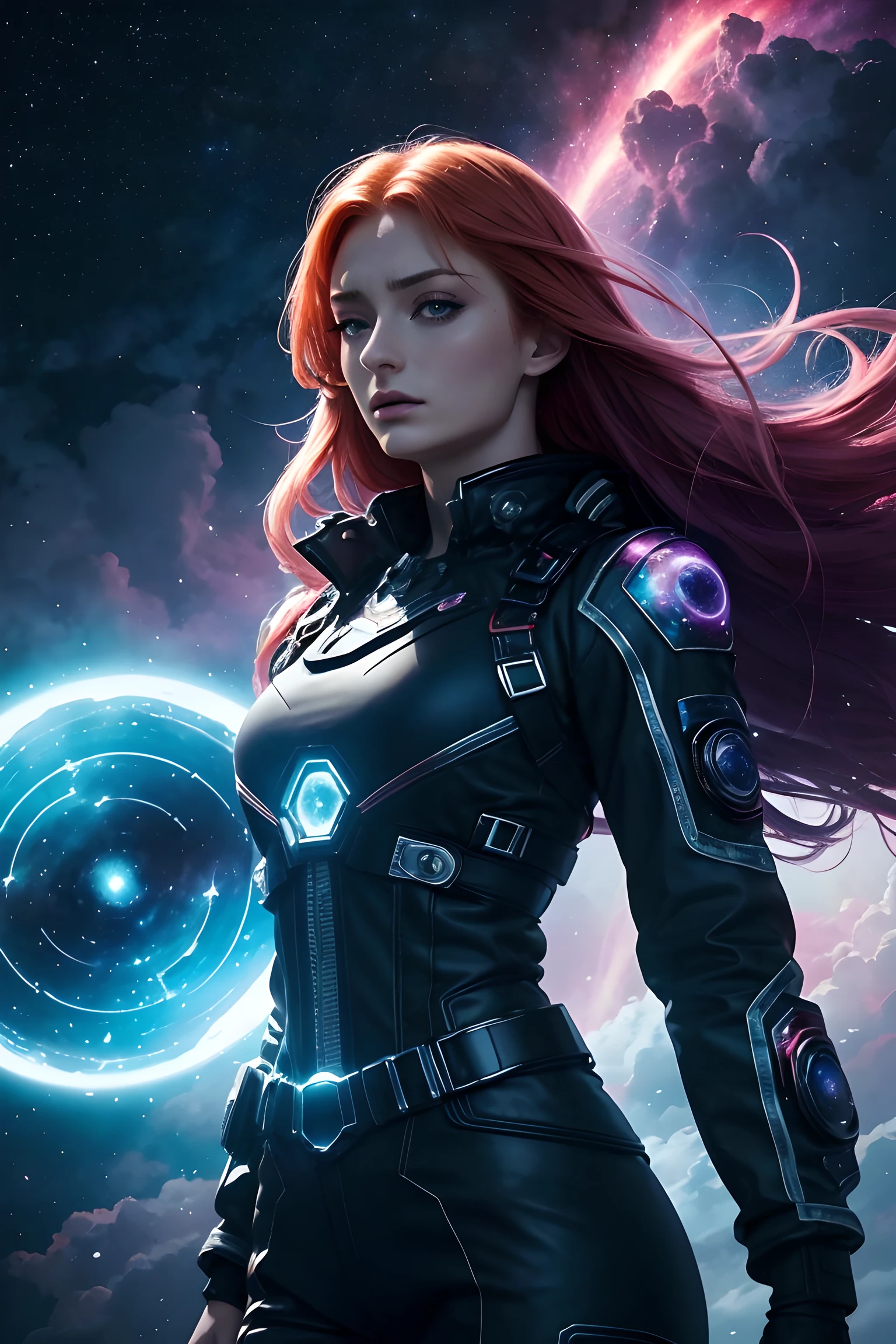 (Solo) Incredible and spectacular cloud figure Sophie Turner emergency scene in cosmic clouds, Chain of fractal nebulae, cosmic, Celestial, cosmic, A vibrant and vivid entity, whirly, Spinning, unreal, High contrast, Symbolism, magical, mistic, mistic, Hyper-realistic, Supersaturation, Colorful, 8K