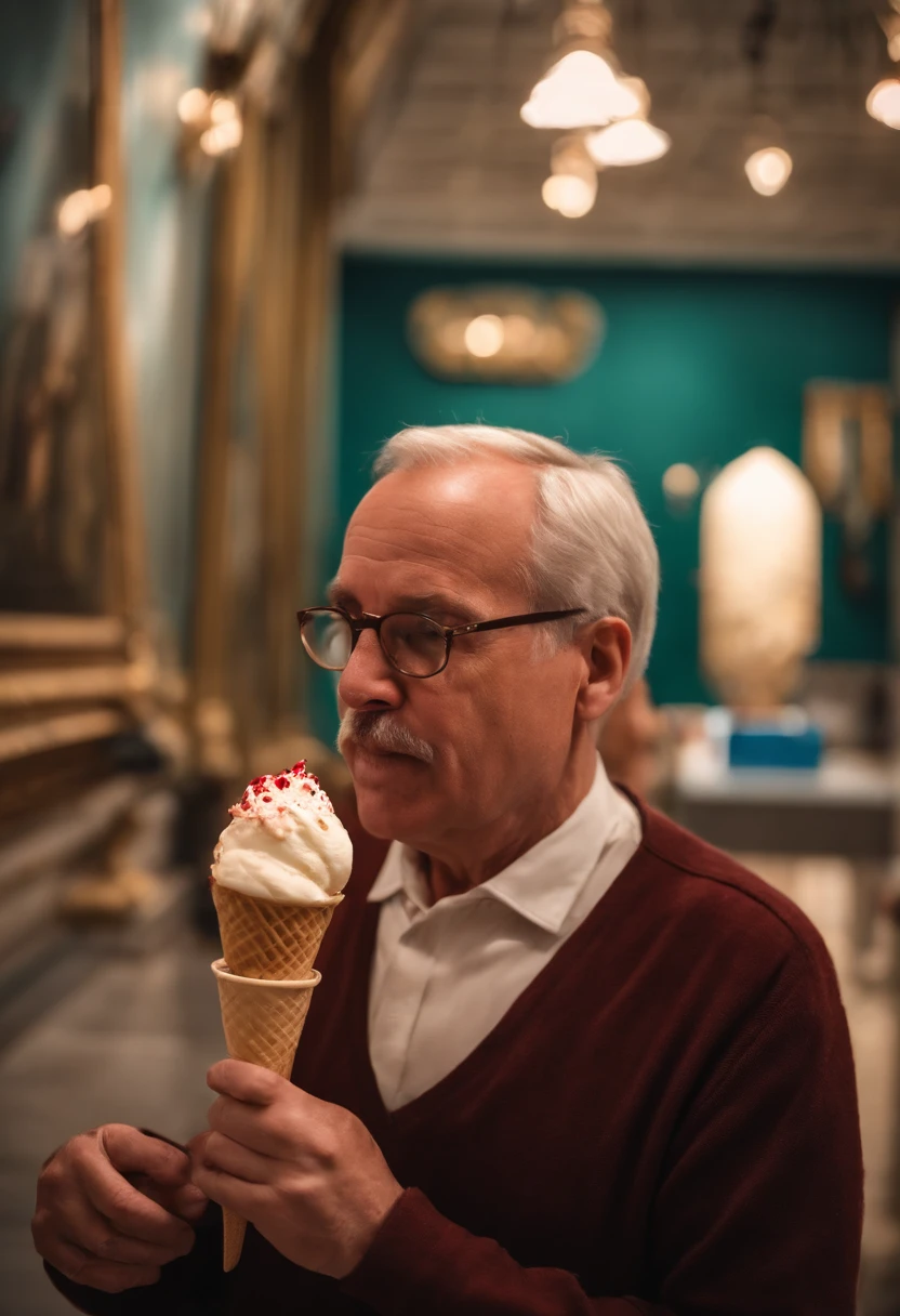 Middle-aged man with big head eating ice cream in museum from tomorrow to duskcerq