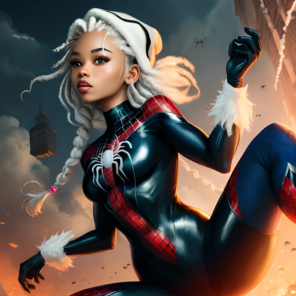 Black spider woman with white dread locs and brown spider man costume