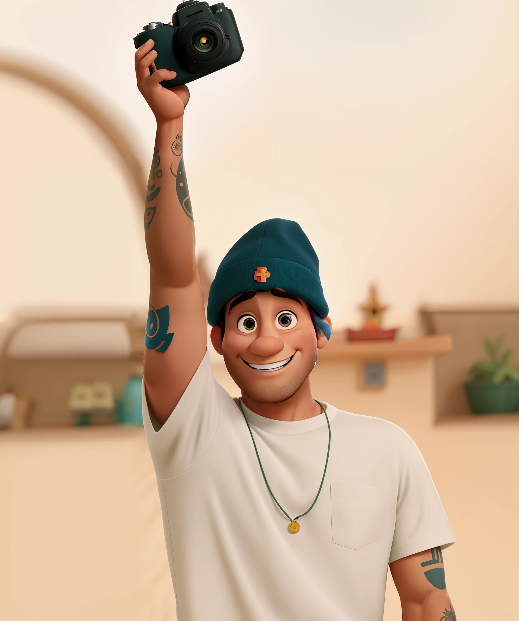Um homem moreno magro estilo Disney pixar, sorrindo com o olho fechado, Raising a camera, alta qualidade, melhor qualidade