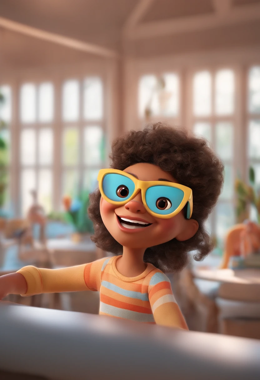 "(best quality,ultra-detalhado,Realistic:1.37),3D rendering,illustration,design de personagens,cabelos curtos e cacheados escuros,belos olhos detalhados,wearing white glasses,Estilo Pixar,branca podcaster mulher,Dancing on the Disney stage,atmosfera animada,vivid colors,luzes de palco,expression joyful"