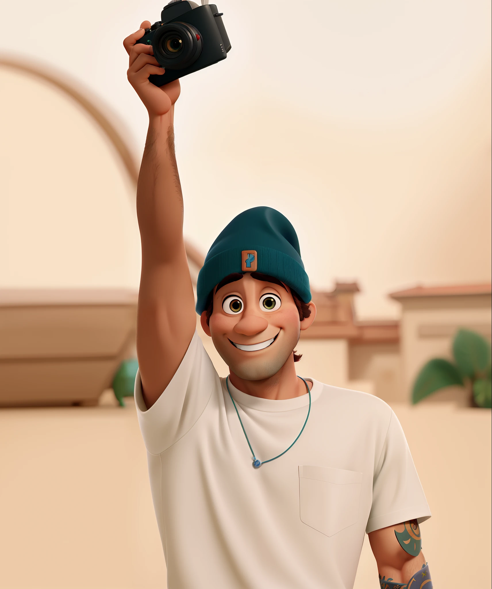 Um homem moreno magro estilo Disney pixar, sorrindo com o olho fechado, Raising a camera, alta qualidade, melhor qualidade